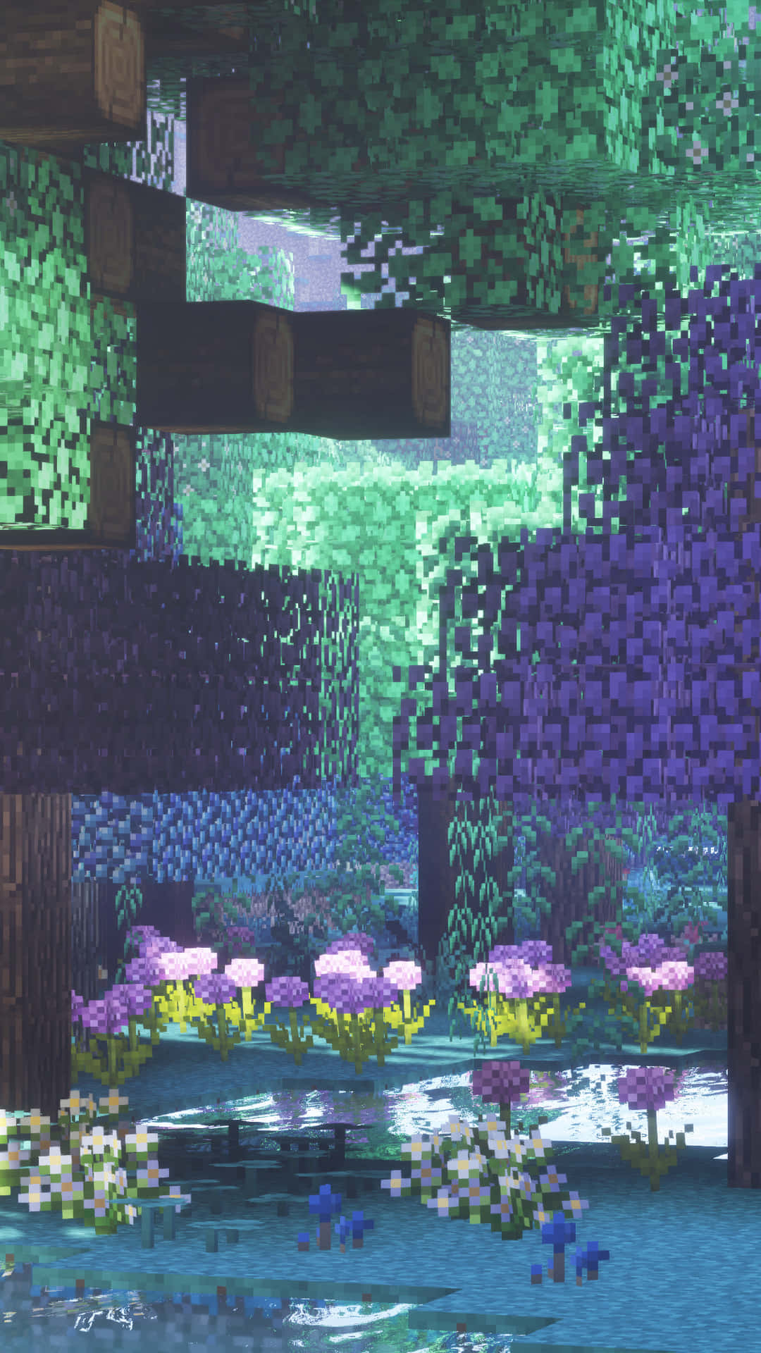 像素化Minecraft森林，有浮空島嶼和水中色彩繽紛的花朵。