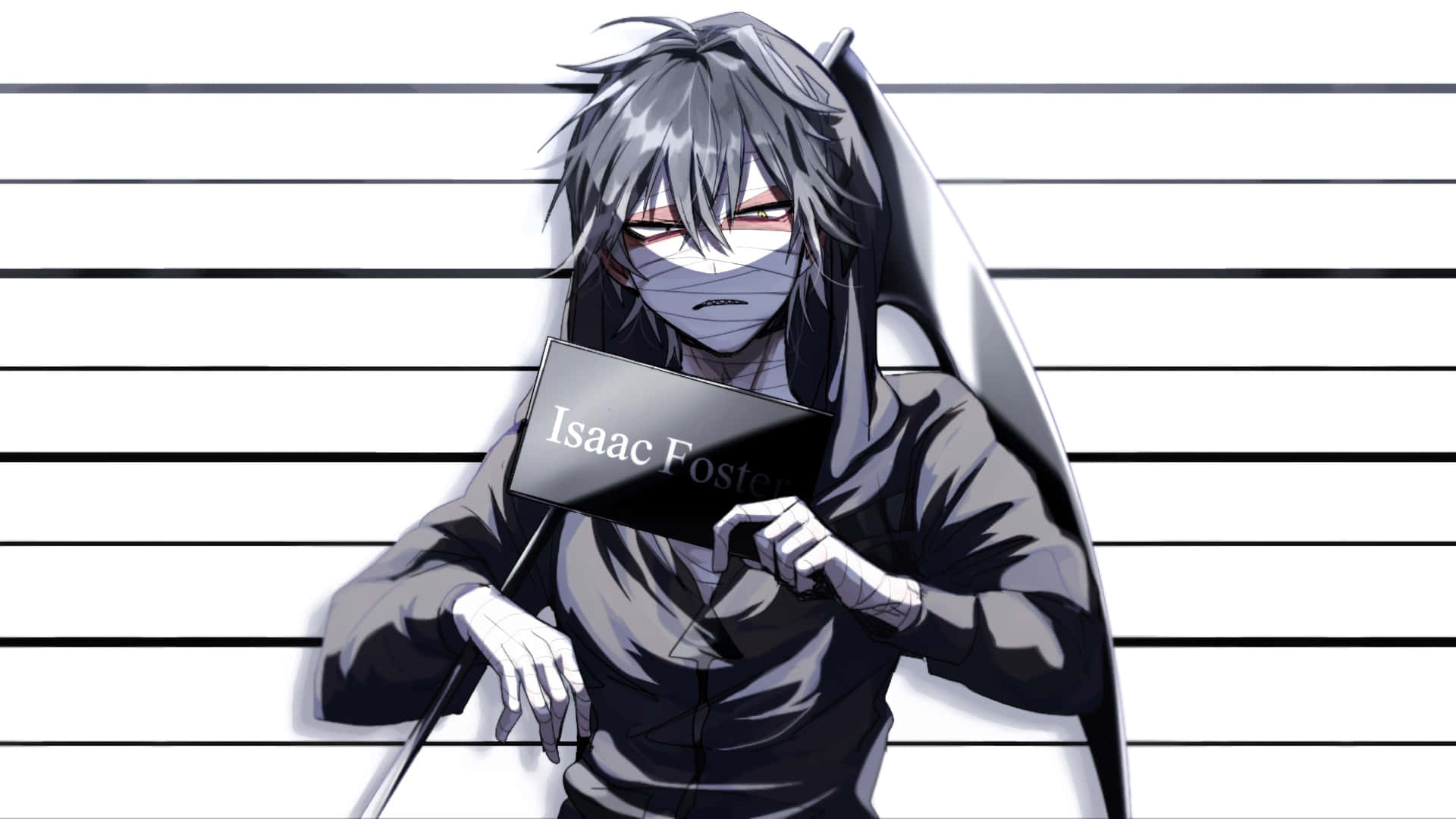 動漫角色Isaac Foster以戴面具和灰色頭髮的入案照姿勢出現。