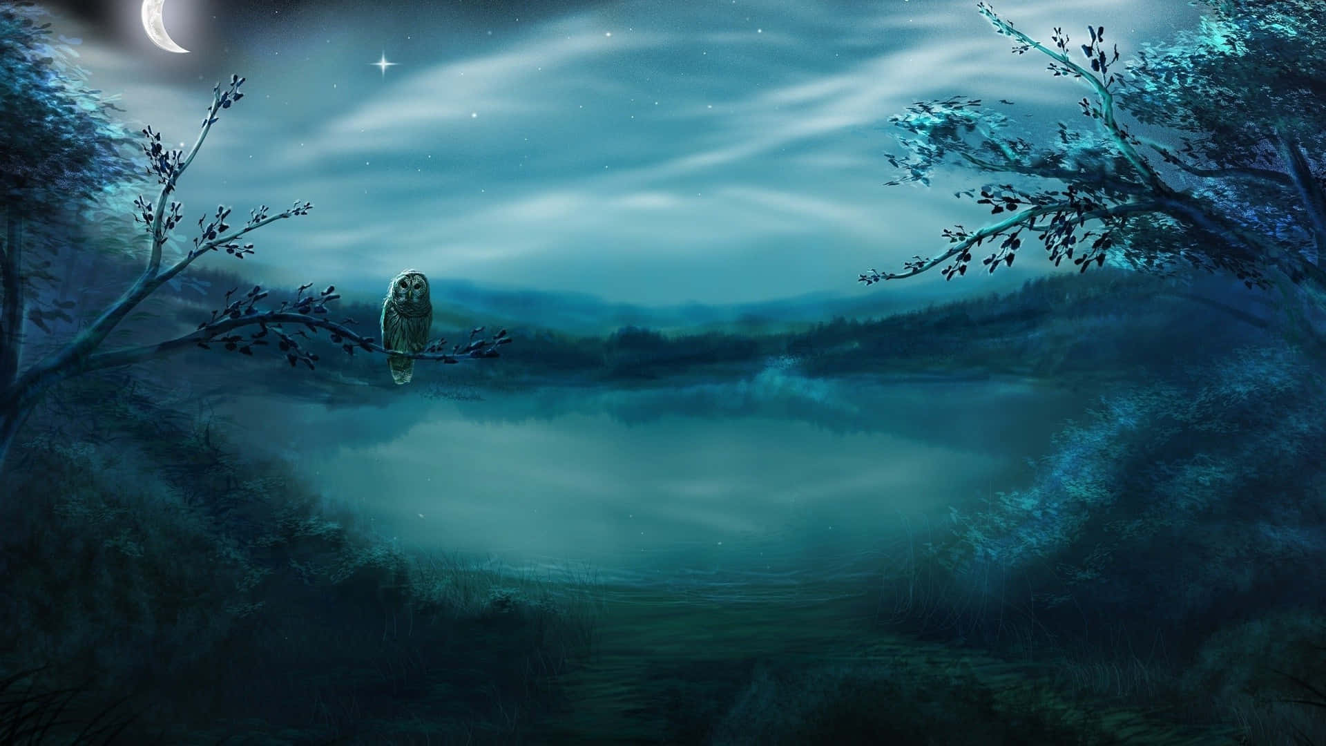 一隻貓頭鷹坐在夜間霧湖上方的樹枝上，新月高懸。