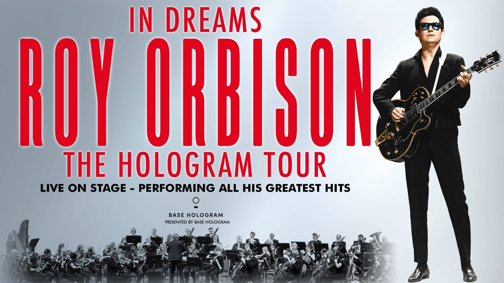 Roy Orbison 全息影像在音樂會海報中與結他和管弦樂團表演。