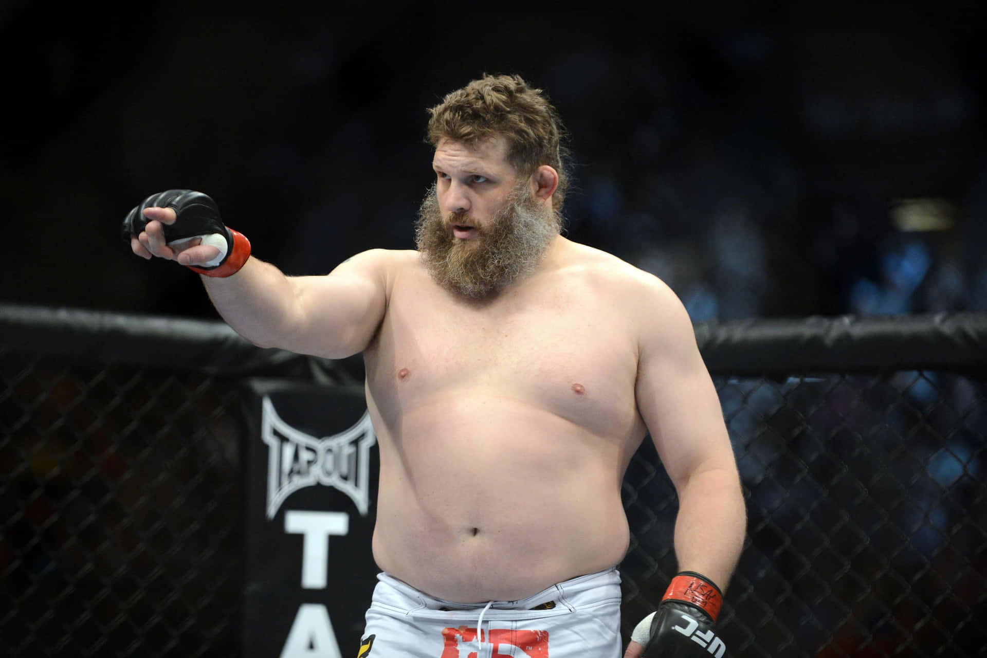 留鬍子的MMA拳手在八角籠內比賽時做手勢。