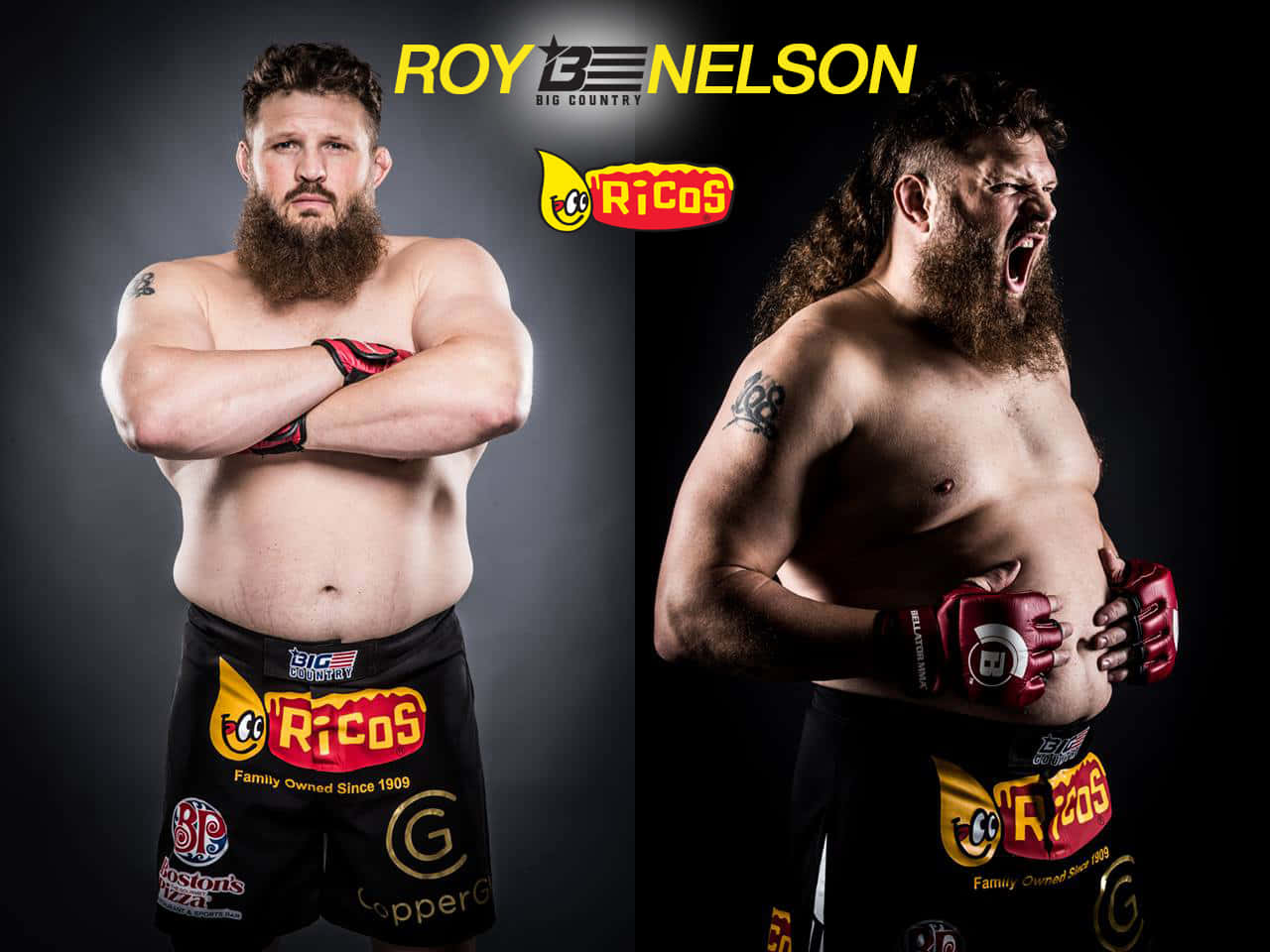 MMA 戰士 Roy Nelson 自信地擺姿勢，在穿著品牌短褲的攝影棚照片中咆哮。
