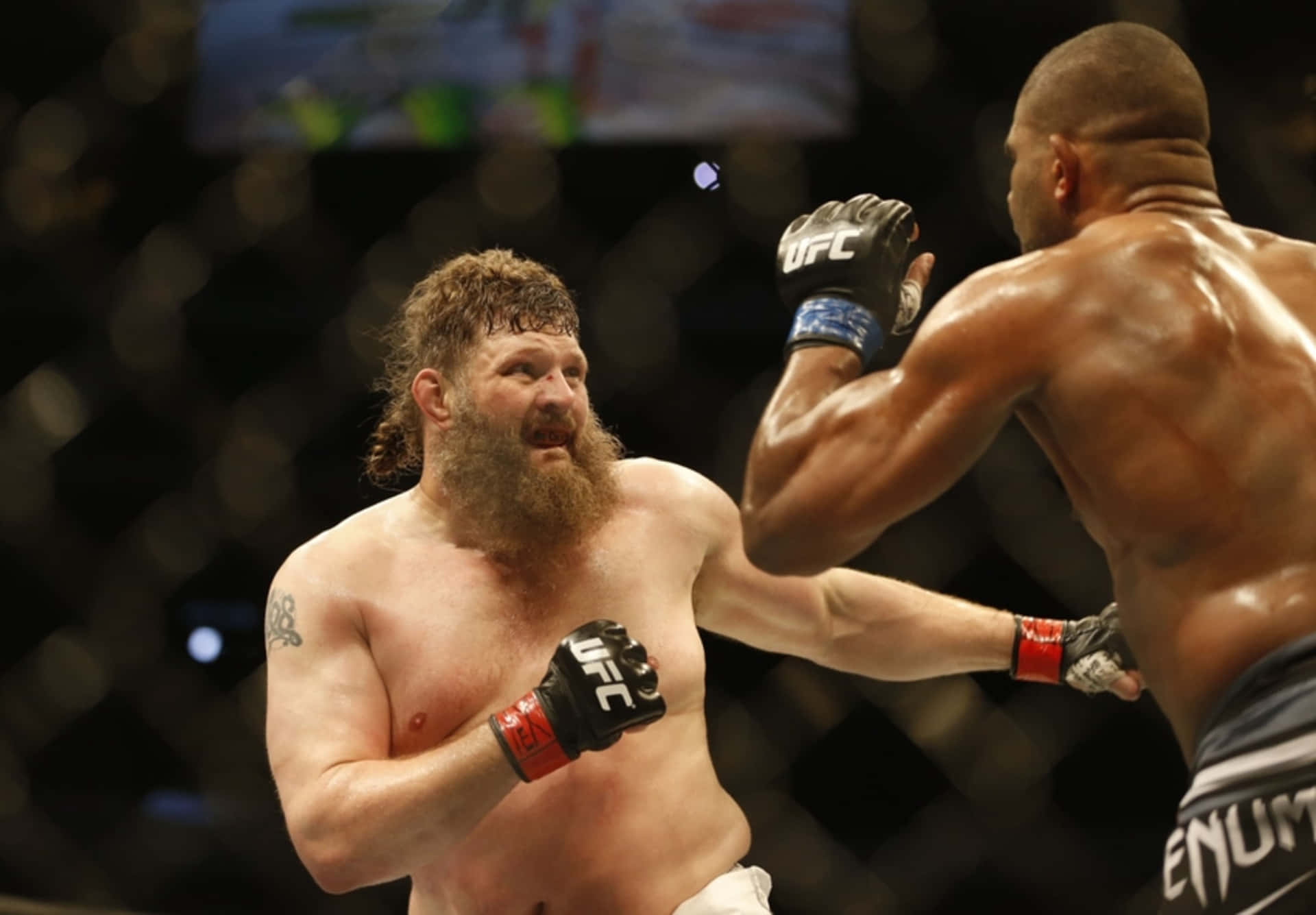 兩名MMA拳手在UFC比賽中於籠內互相出拳。