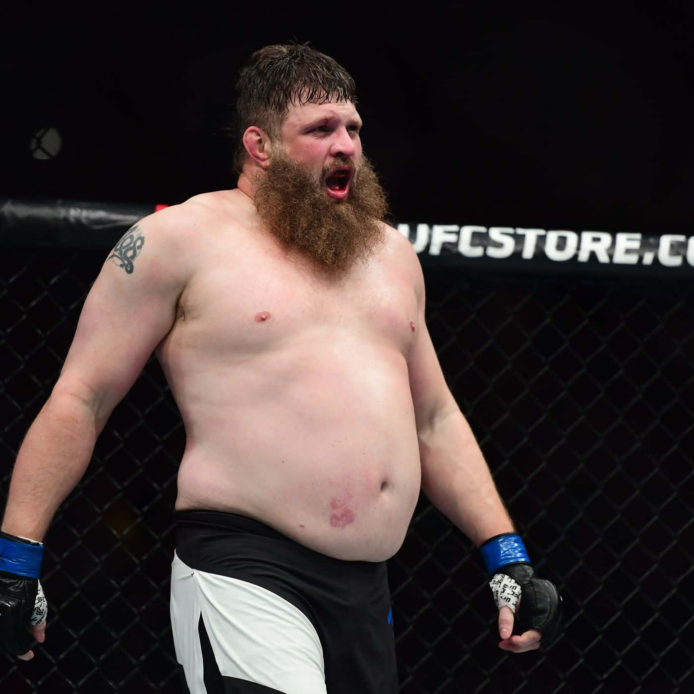 留鬍子的MMA拳手在UFC八角籠中勝利後咆哮。