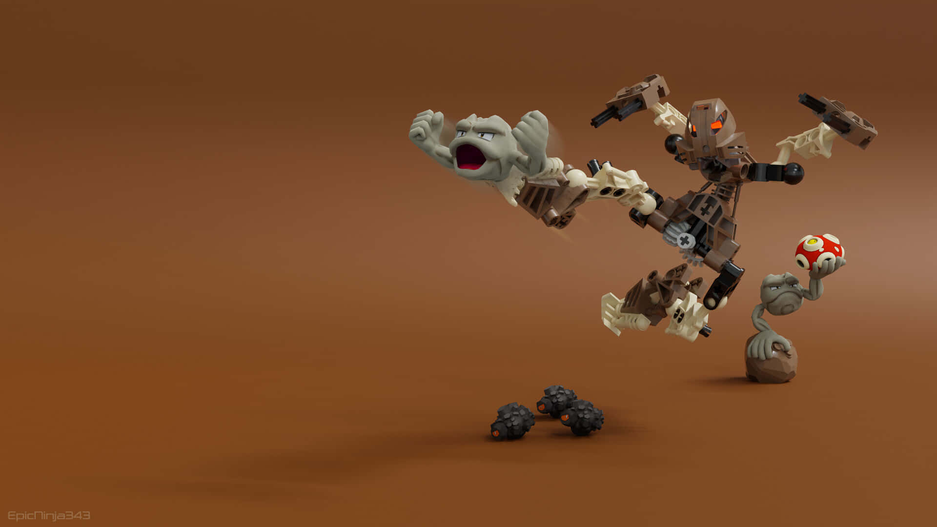 羅伊科利與其他岩石寶可夢 壁紙 — 一個動態的LEGO Bionicle戰鬥場景，棕色裝甲戰士揮舞武器和紅色球體，對抗一個尖叫的灰色生物，背景為純棕色。