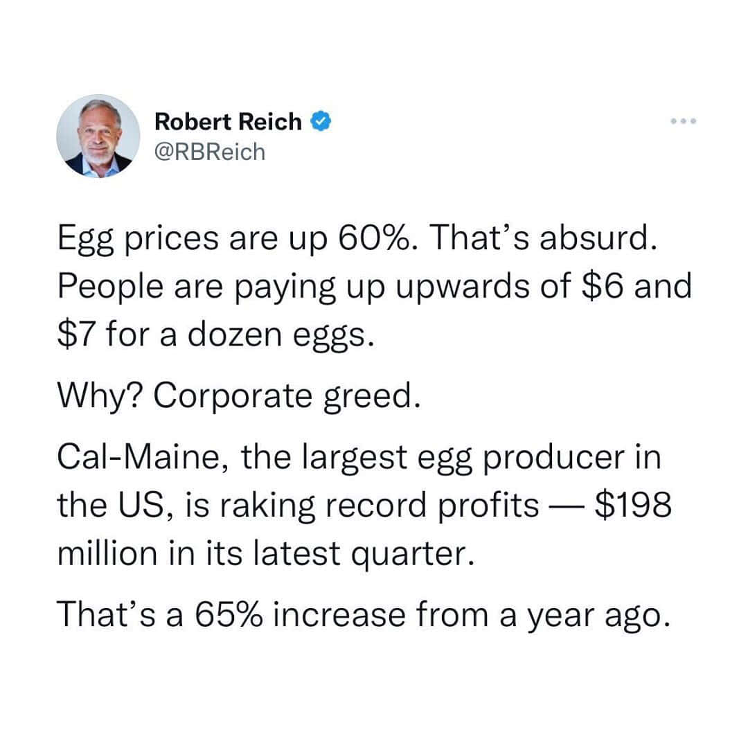 Robert Reich 關於雞蛋價格上漲和企業貪婪的推文。