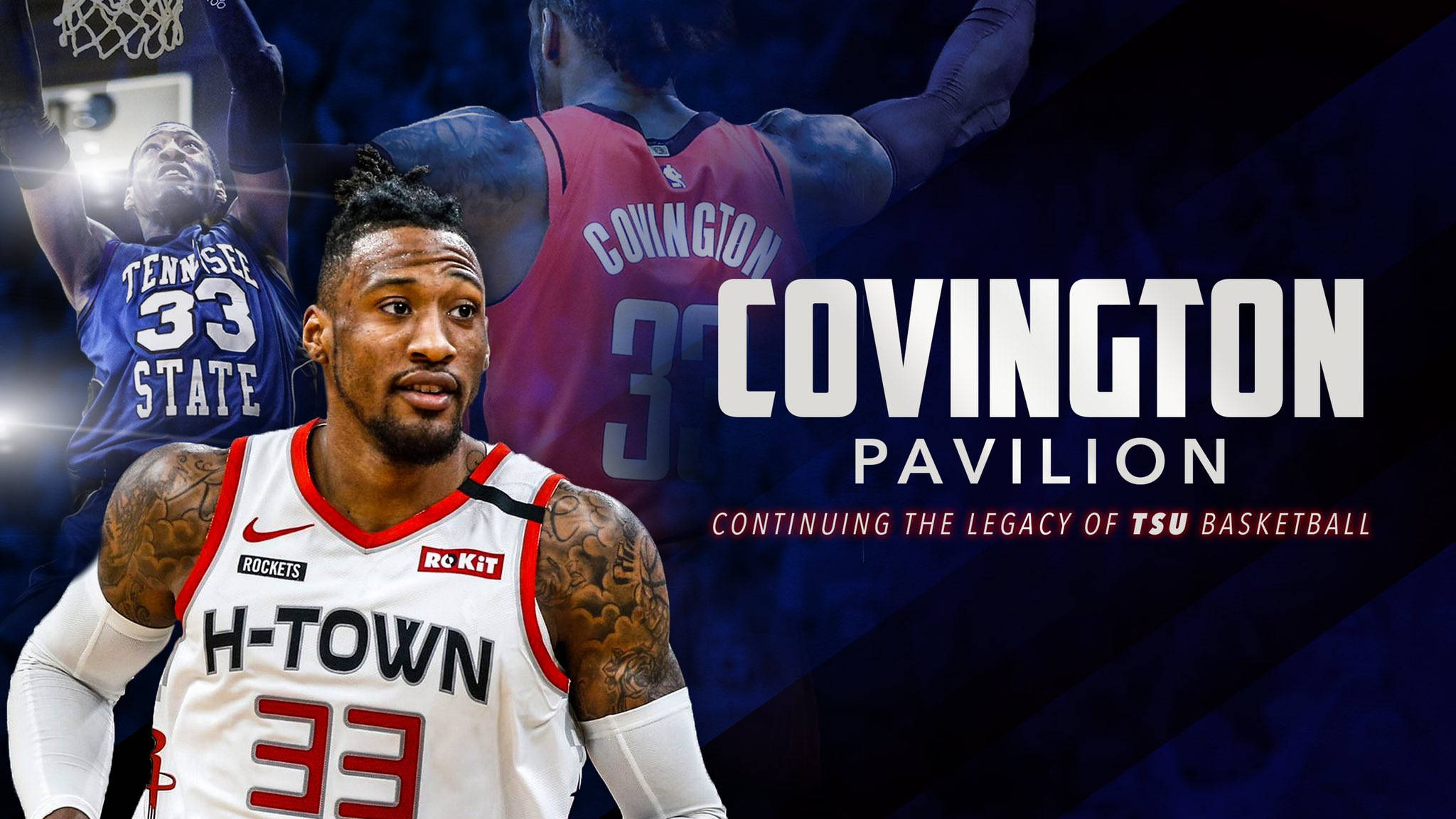 羅伯特·科維頓NBA名人堂 壁紙 — 一名身穿白色H-Town球衣、背號33的籃球運動員直視前方，身後出現兩張他身穿藍色和紅色球衣的動作照片，背景為深藍色並帶有粗體文字。