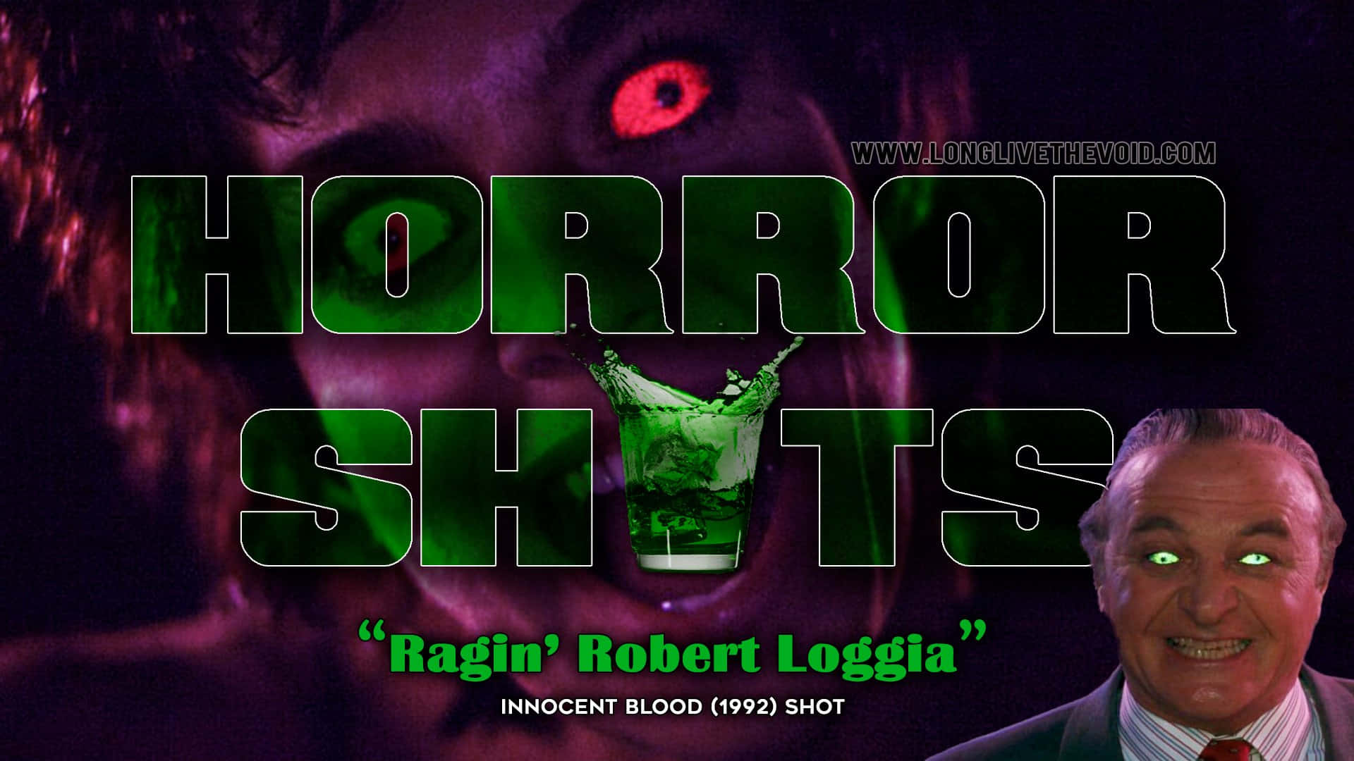 Horror Shots 海報，展示一個有發光眼睛的男人和一杯綠色雞尾酒。