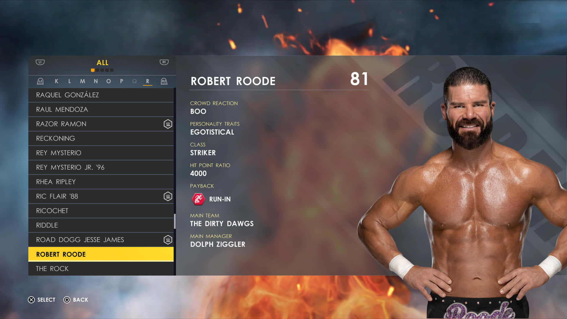 摔角手 Robert Roode 在電子遊戲角色選單中，背景火熱。