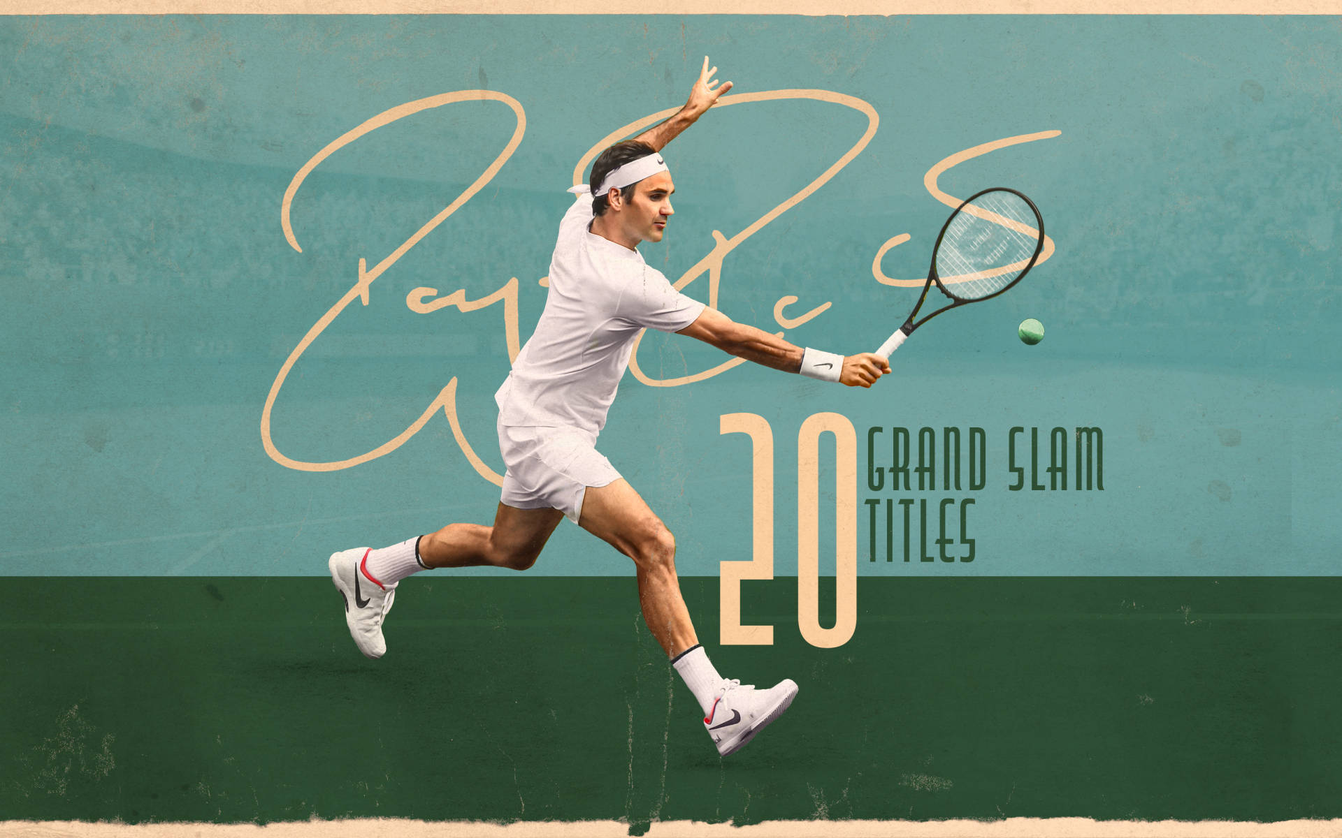 羅傑·費德勒網球簽名風 壁紙 — 網球手 Roger Federer 身穿白色裝備躍起，擊打綠色球對着青綠色牆壁，牆上有「20項大滿貫冠軍」字樣。