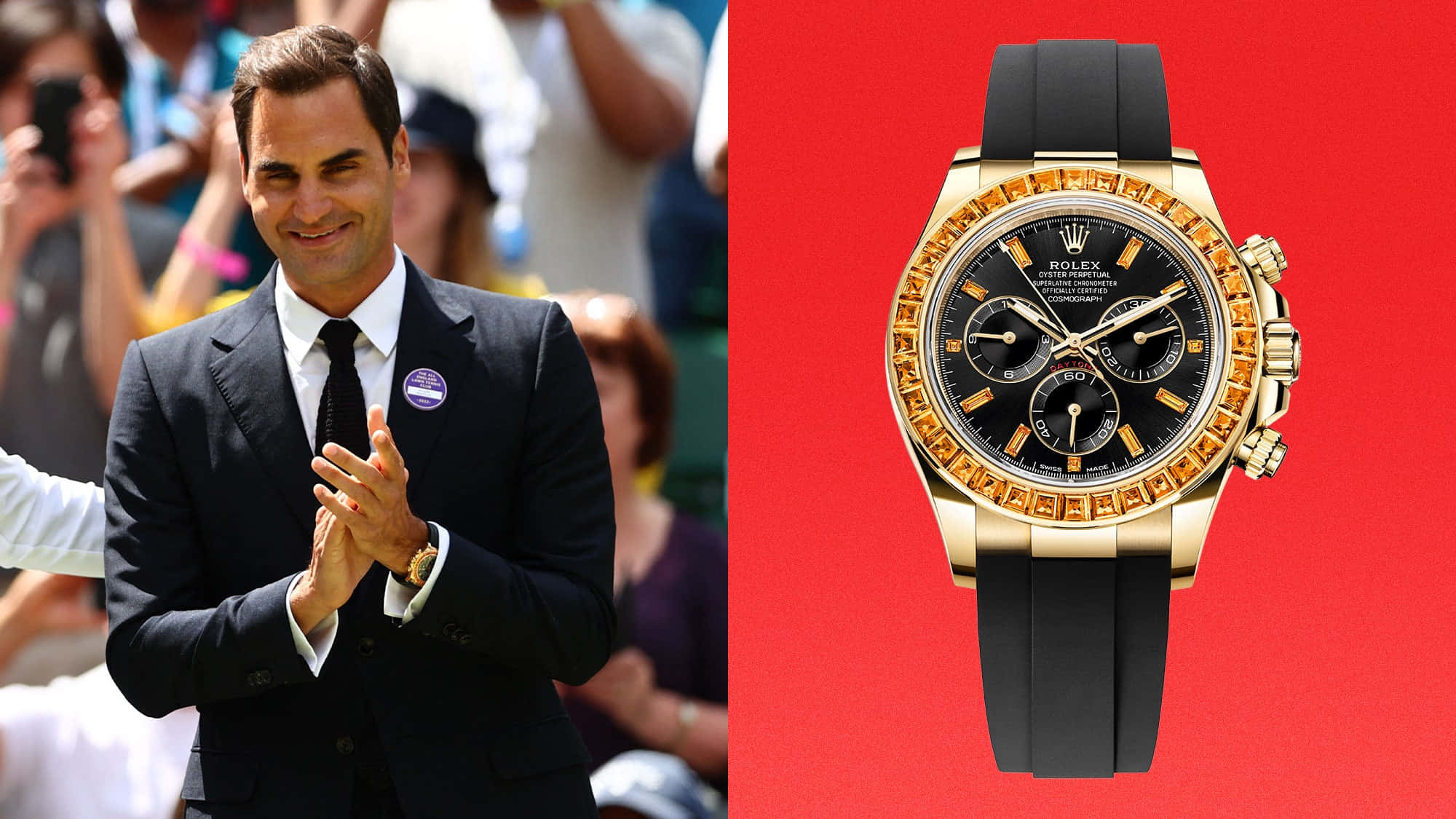 Rolex 桌布 壁紙 — 羅傑·費達拿身穿深色西裝，在紅色背景上，於一枚帶有鑽石錶圈的黃金勞力士計時碼錶旁鼓掌。