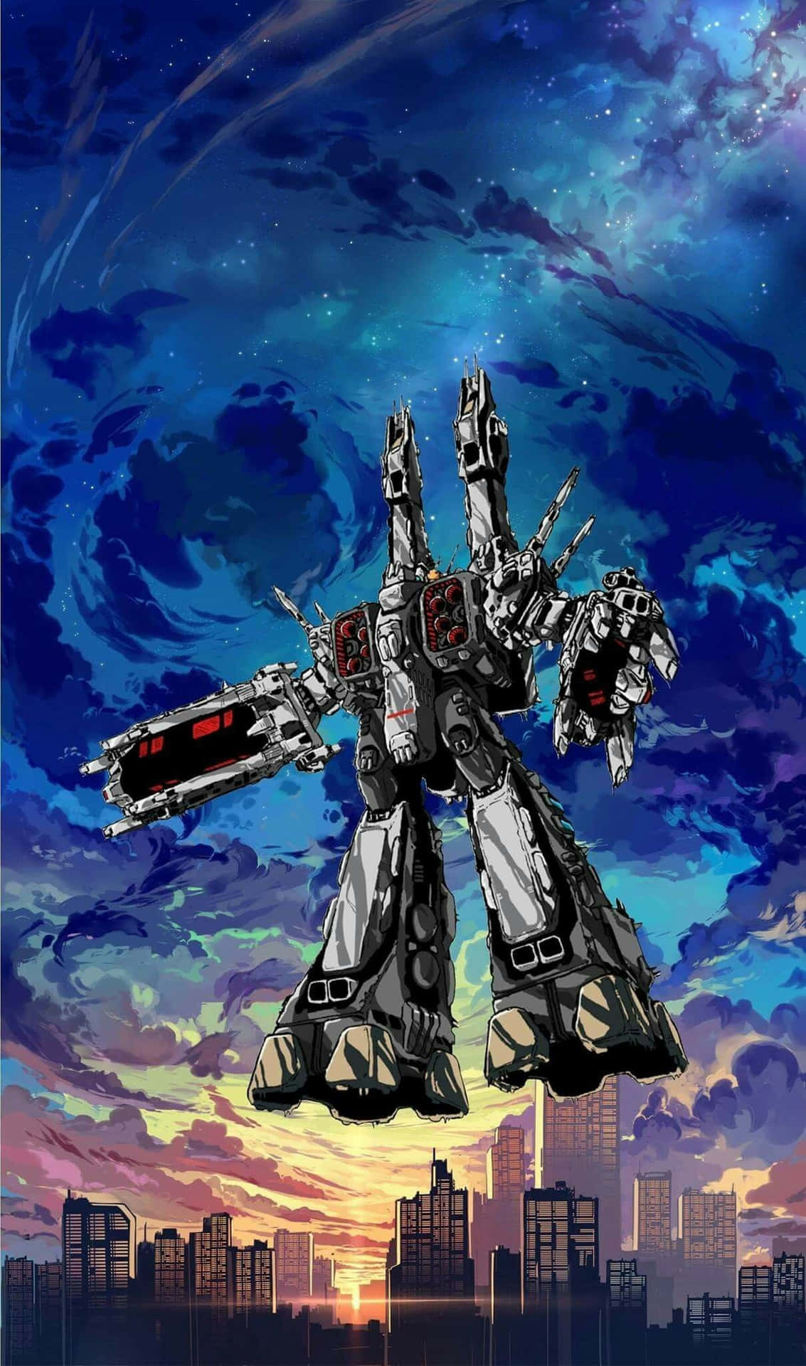 巨型機甲機械人在日落時分懸浮於城市上空，上方有宇宙雲層。