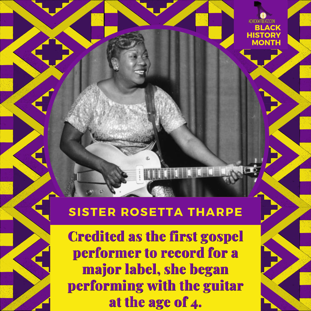 Sister Rosetta Tharpe 微笑著彈結他，以彩色幾何設計和黑人歷史月文字框住。