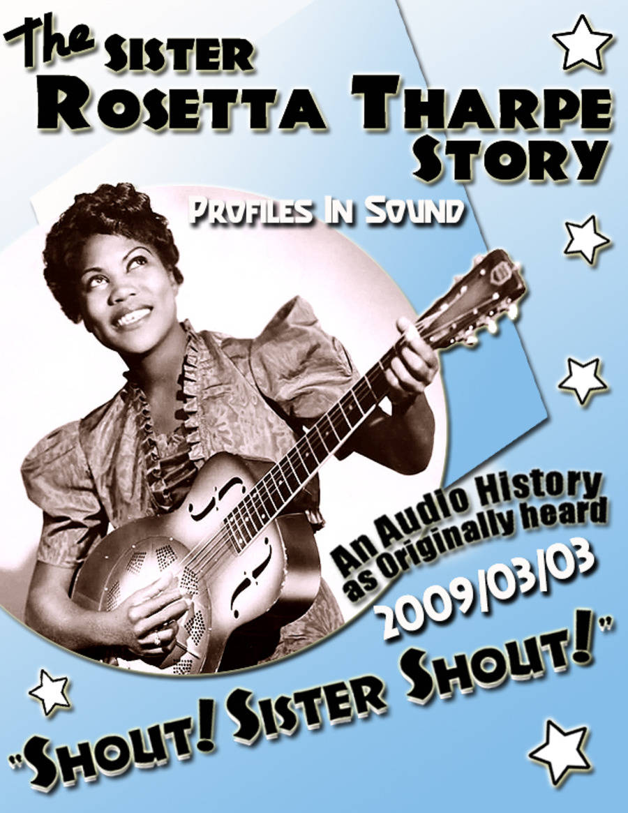 Sister Rosetta Tharpe 在藍色星空海報上手持結他，附有文字。