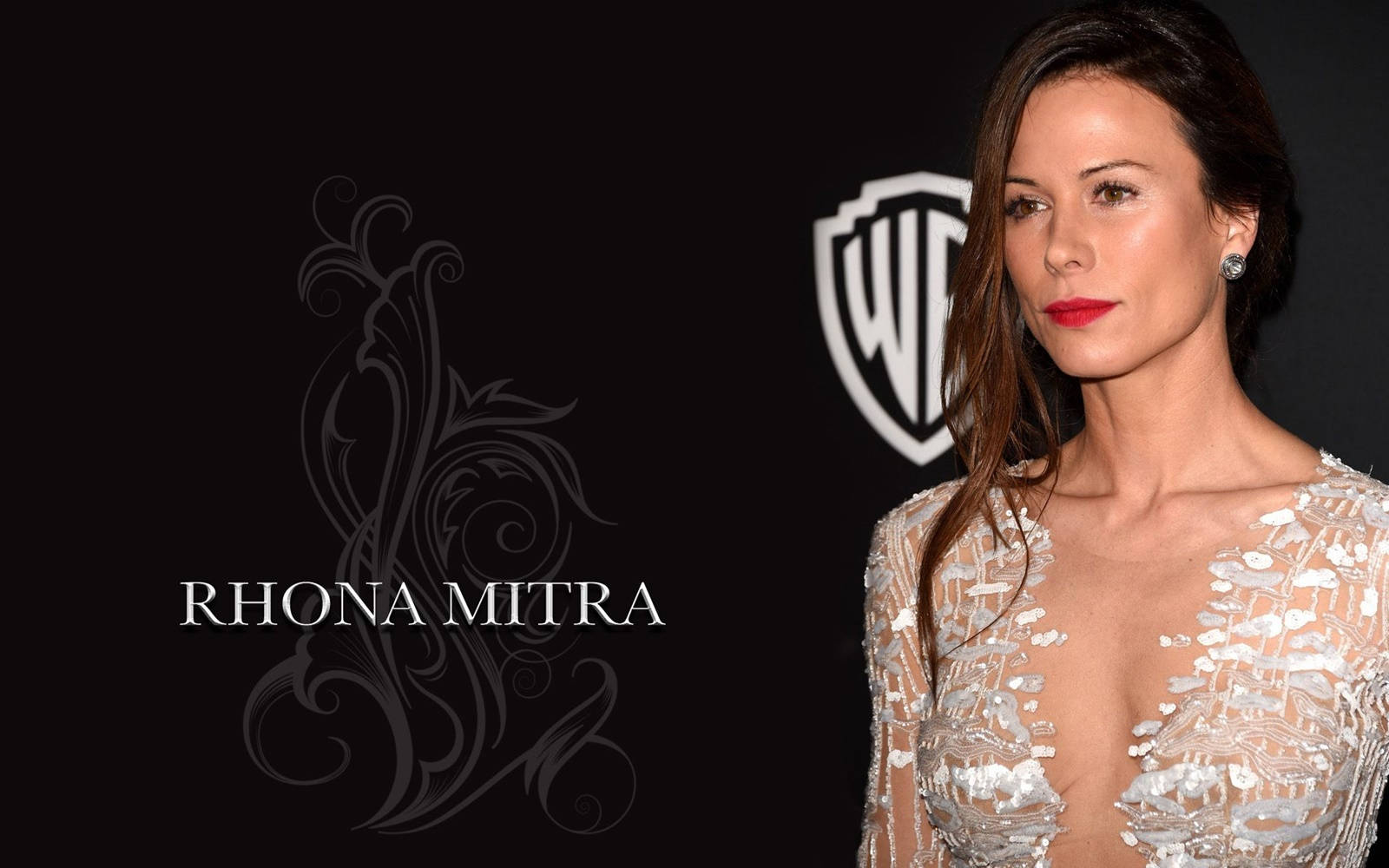 Rhona Mitra 在Warner Bros活動中身穿銀色裝飾禮服。