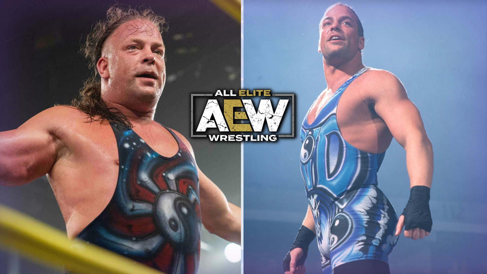 羅布·范·達姆 AEW 摔角 壁紙 — 兩名肌肉發達的摔角手穿著色彩繽紛的擂台服裝，在場館燈光下於AEW標誌旁擺出強烈姿勢。