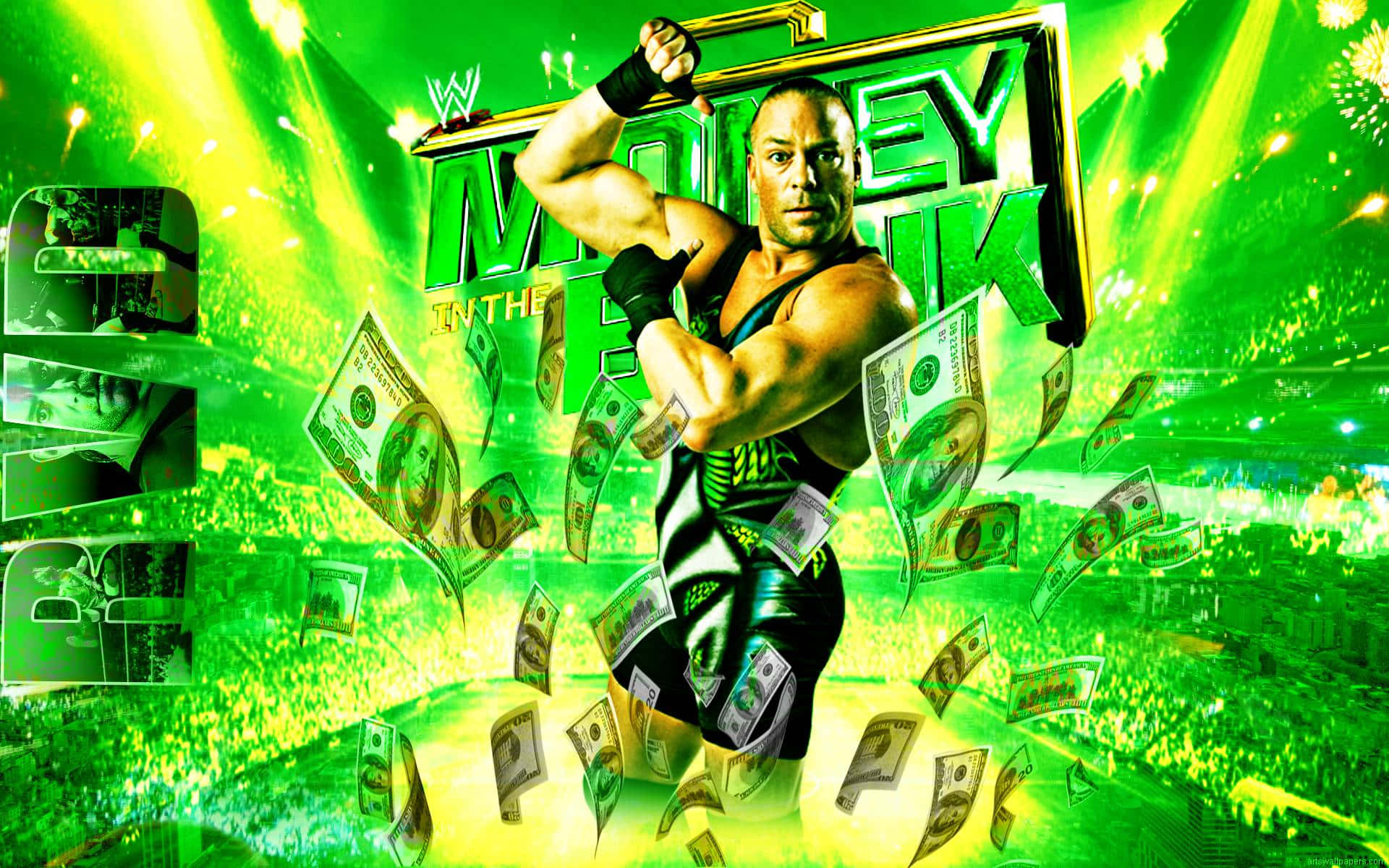 羅布·范·達姆 Money in the Bank 海報 壁紙 — WWE摔角手The Rock在一個充滿活力的綠色場館中，在Money in the Bank賽事期間，金錢在他周圍飛舞，他勝利地站立著。