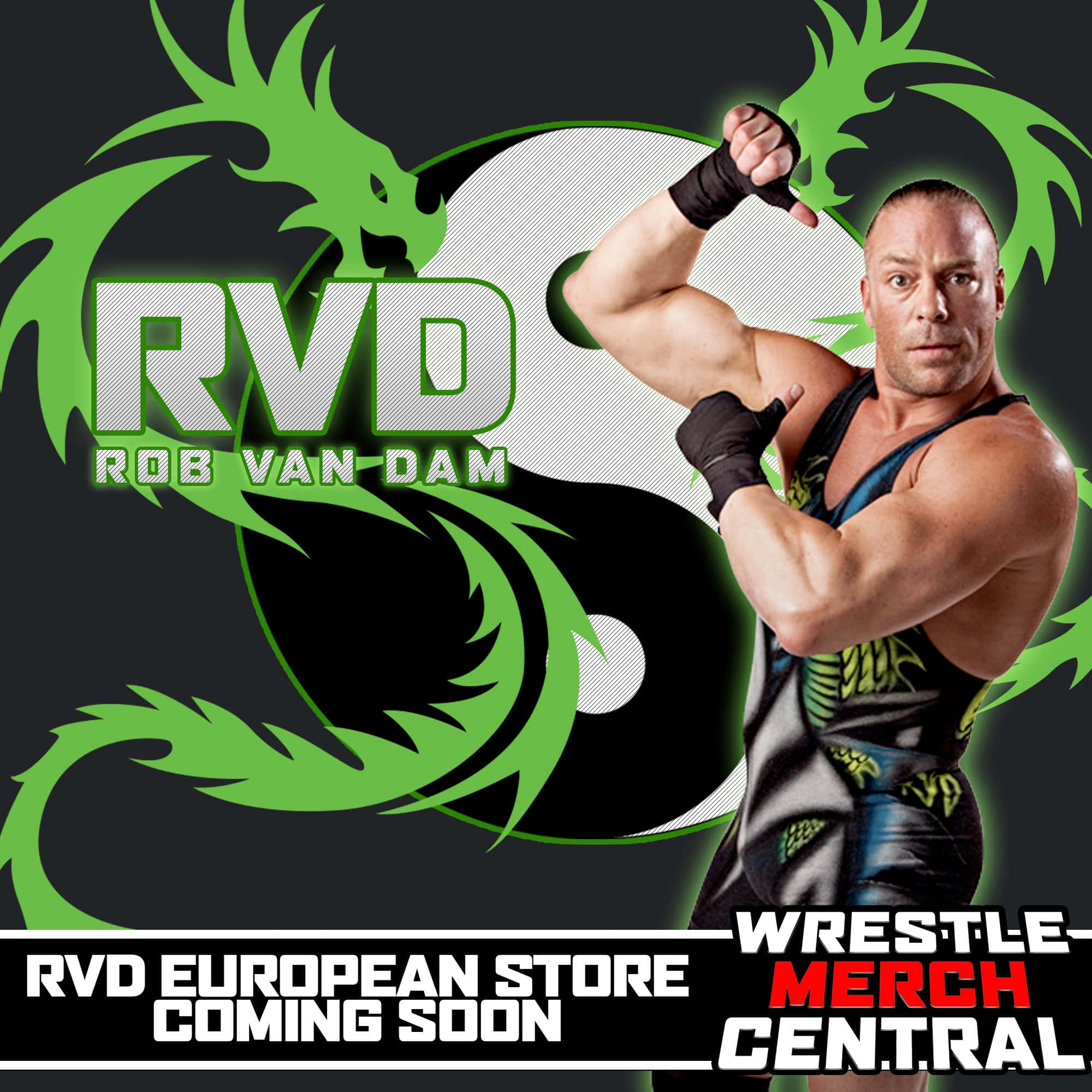 羅布·范·達姆綠龍陰陽海報 壁紙 — 摔角手 Rob Van Dam 在綠色龍和陰陽標誌前強勢擺姿勢，並帶有宣傳文字。
