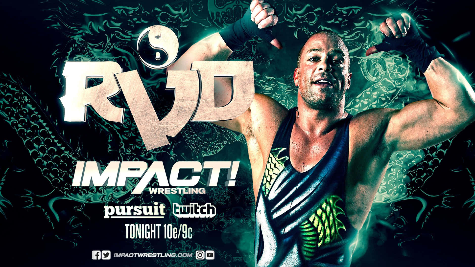 羅布·范·達姆衝擊摔角海報 壁紙 — 摔角手 RVD 在 Impact Wrestling 的深綠色和黑色宣傳海報中強勢擺姿勢，帶有龍紋圖案和陰陽符號。