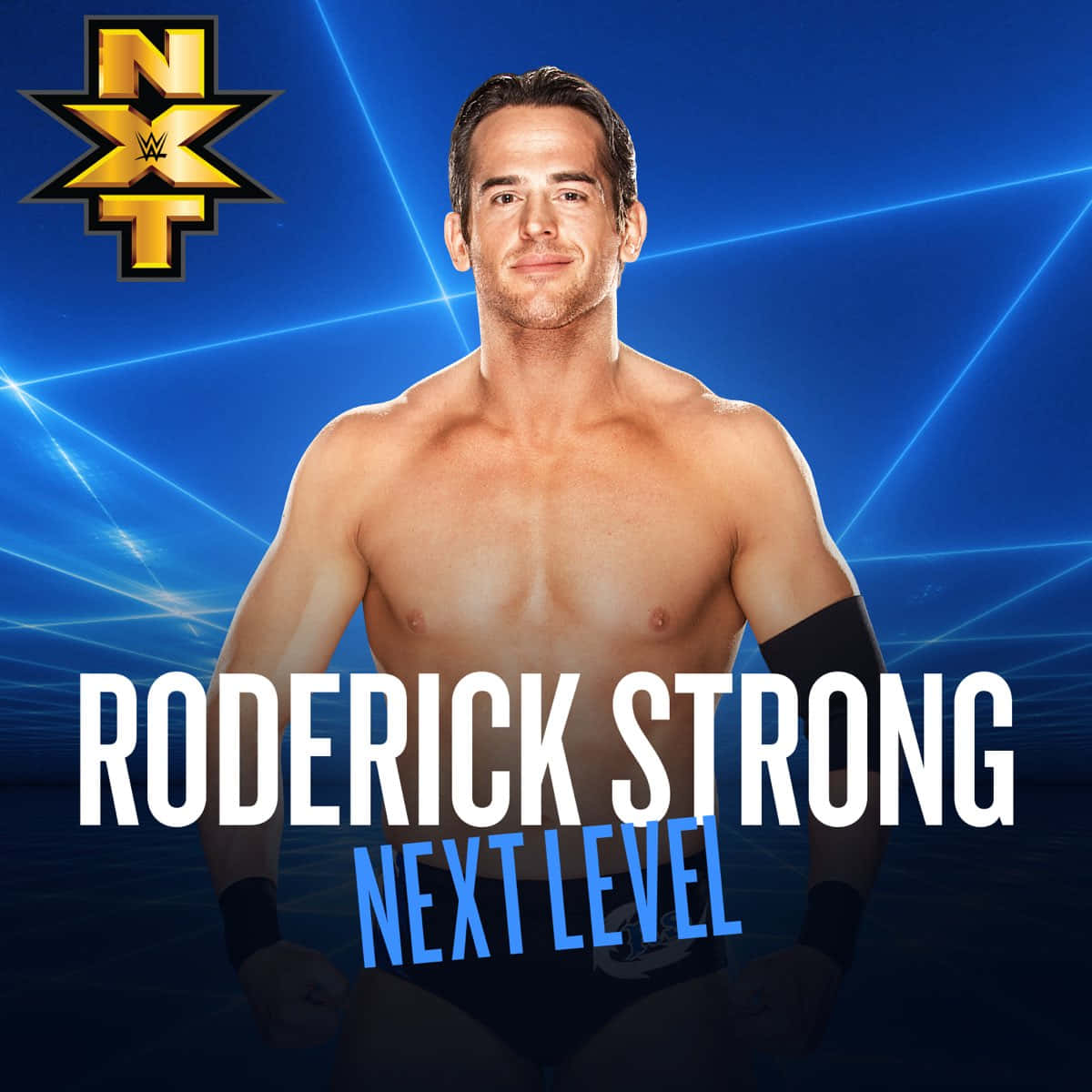 WWE摔角手Roderick Strong在NXT宣傳照中，背景為藍色霓虹燈。