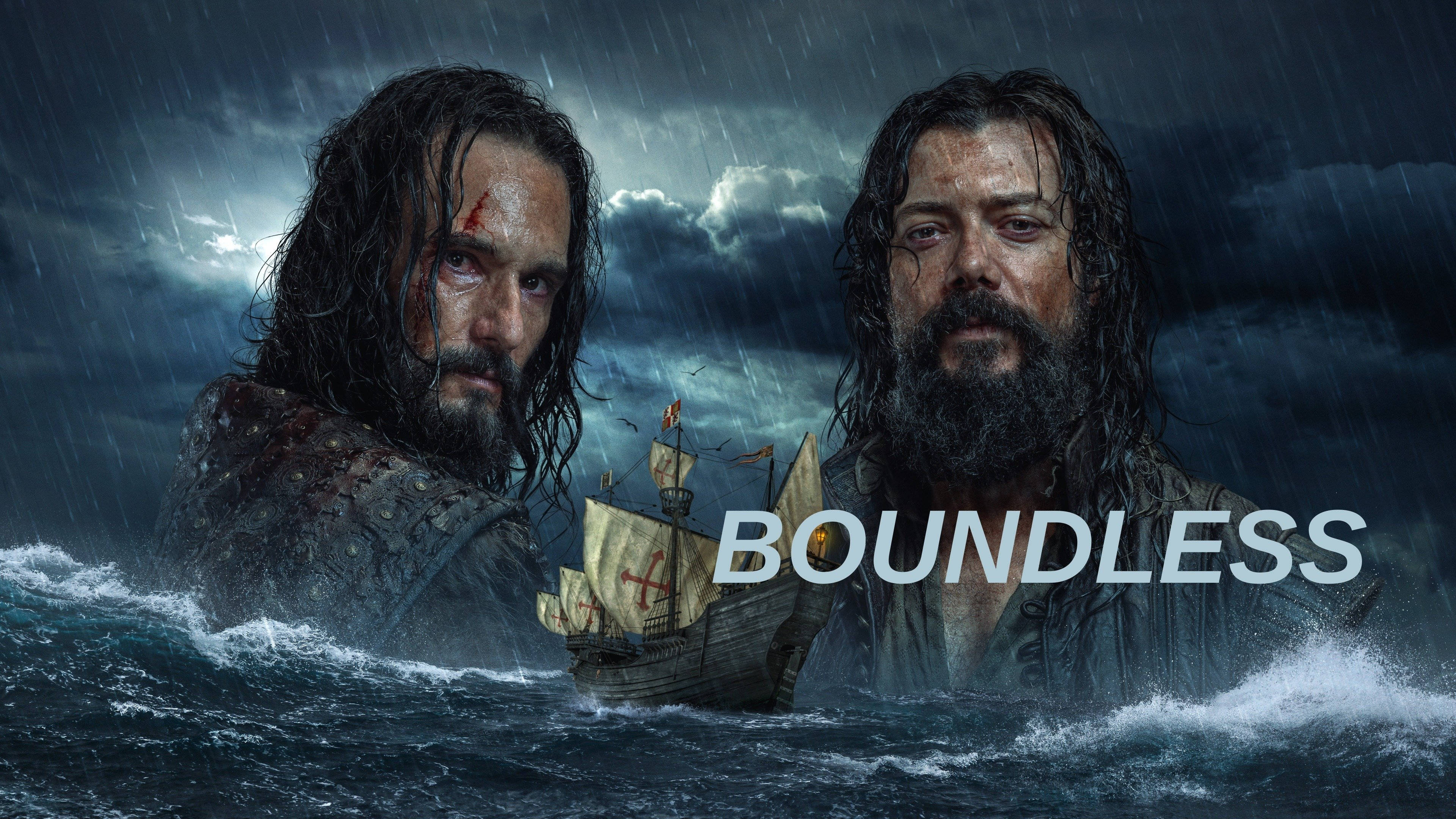 羅德里戈·桑托羅飾演《Boundless》中的阿瓦羅·莫特 壁紙 — 兩個鬍鬚男滿臉鮮血，在黑暗的天空下，一艘船在他們之間航行，他們凝視著波濤洶湧的大海。