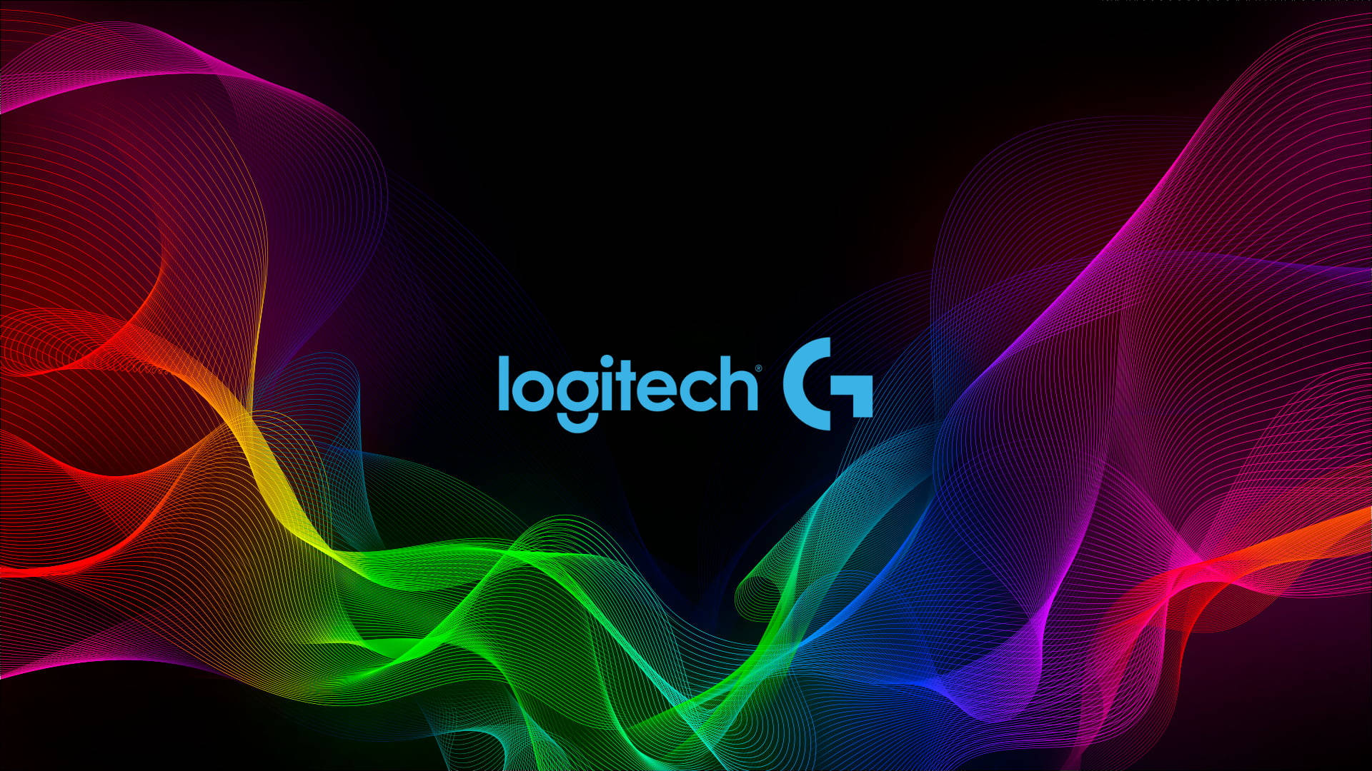 羅技 RGB 海報 壁紙 — 鮮豔的彩虹色流動線條在黑色背景上動態地環繞著發光的藍色 Logitech G 標誌。