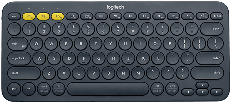 羅技圓形鍵鍵盤 壁紙 — 黑色Logitech鍵盤特寫，配備黃色功能鍵和圓形鍵帽，設計時尚。