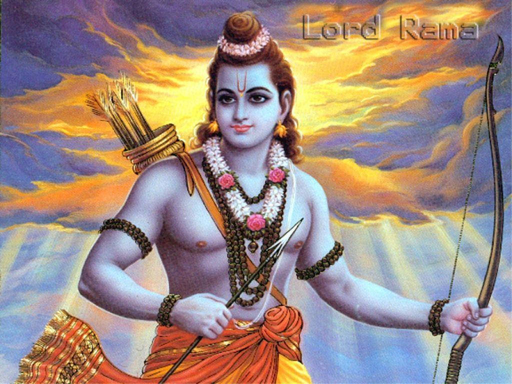 Hindu God 桌布 壁紙 — 羅摩勳爵手持弓箭，在充滿活力的日落天空下，身穿橙色多蒂和花環。
