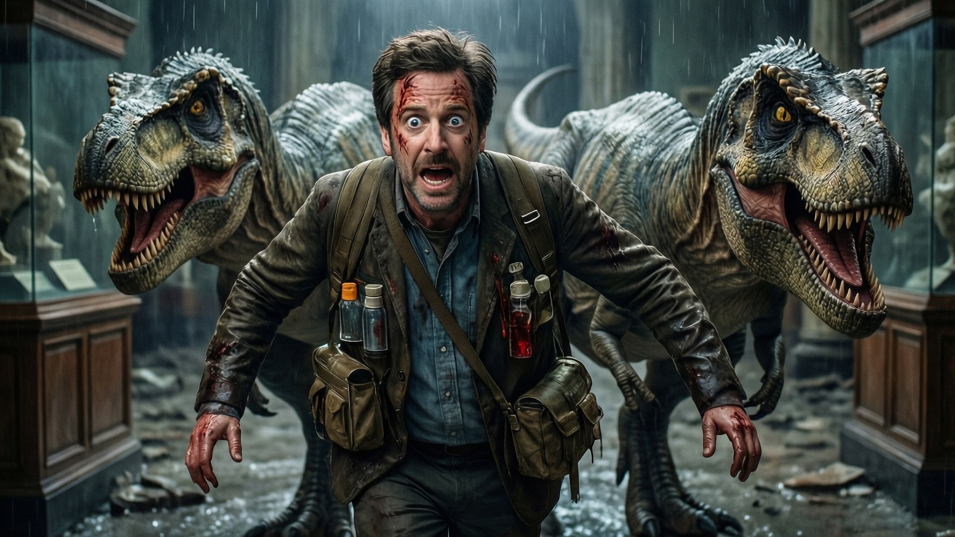 男子在一個有玻璃陳列櫃的破損博物館中逃離兩隻咆哮的暴龍。