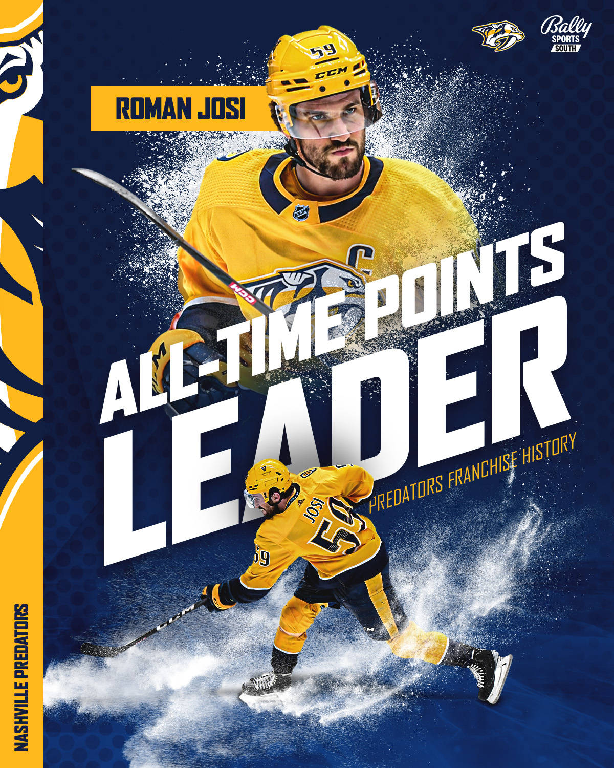 羅曼·約西歷來得分王 壁紙 — Roman Josi 身穿黃色 Nashville Predators 球衣，在藍色背景上動態滑冰，手持曲棍球棒，並帶有 'All-Time Points Leader' 文字。