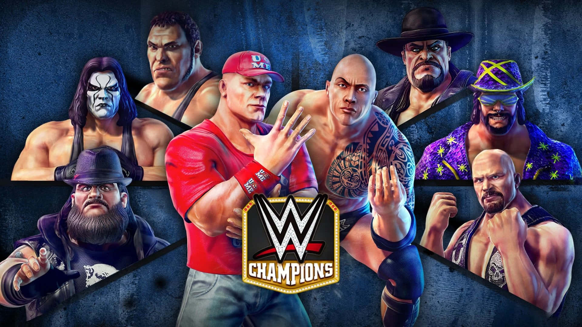 WWE Champions標誌被著名摔角手以戰鬥姿勢環繞。