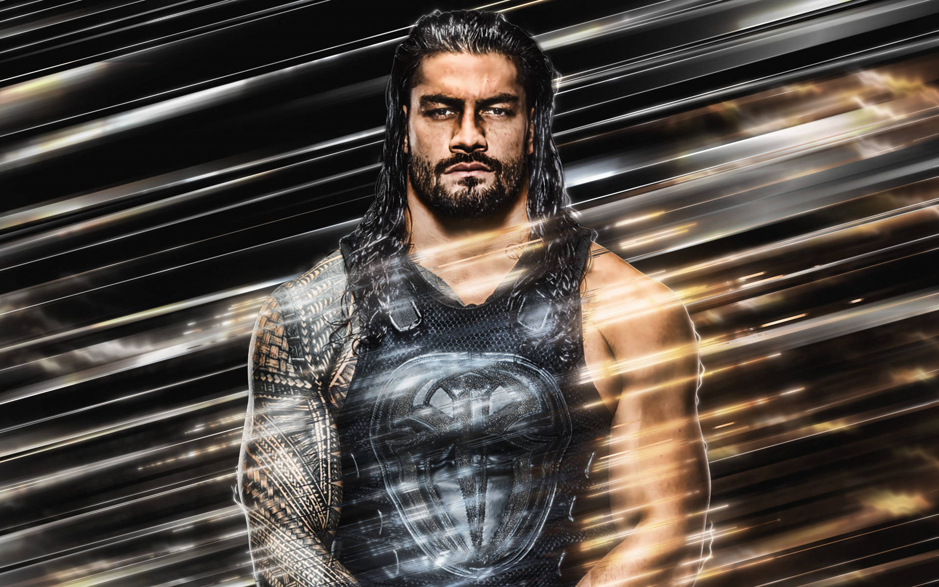 Roman Reigns 身穿摔角裝備，身後有發光的條紋。