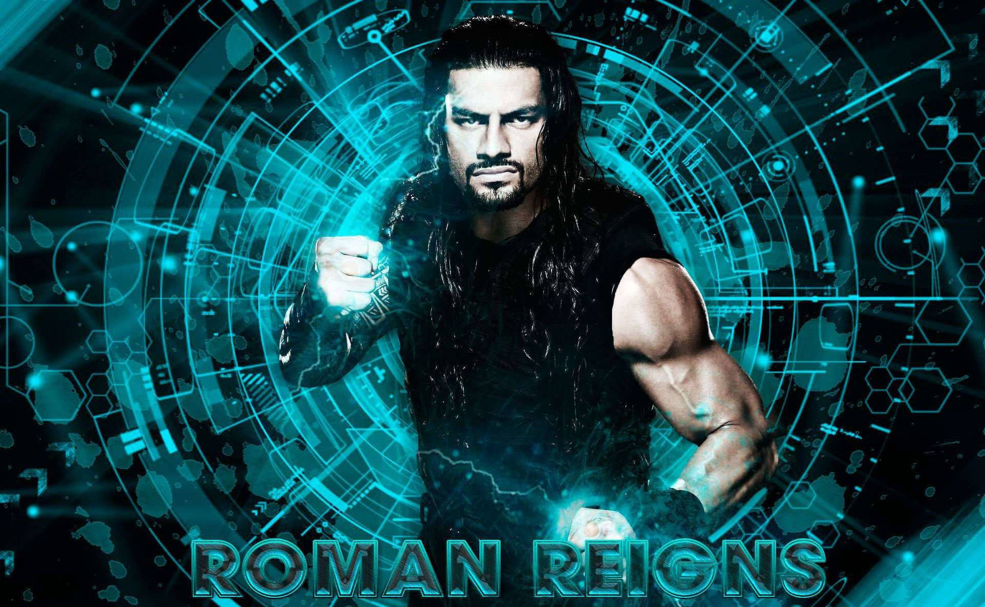 Roman Reigns 在一個帶有未來科技效果的發光藍色數位競技場中。