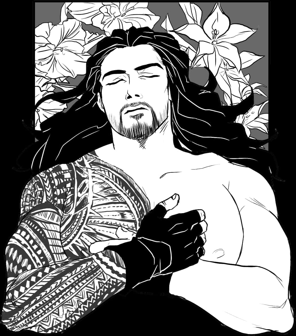 羅曼·雷恩斯黑白插畫 壁紙 — 一幅黑白線條藝術插圖，描繪一名長髮男子，手臂上有複雜的紋身，在大花叢中安然休息。