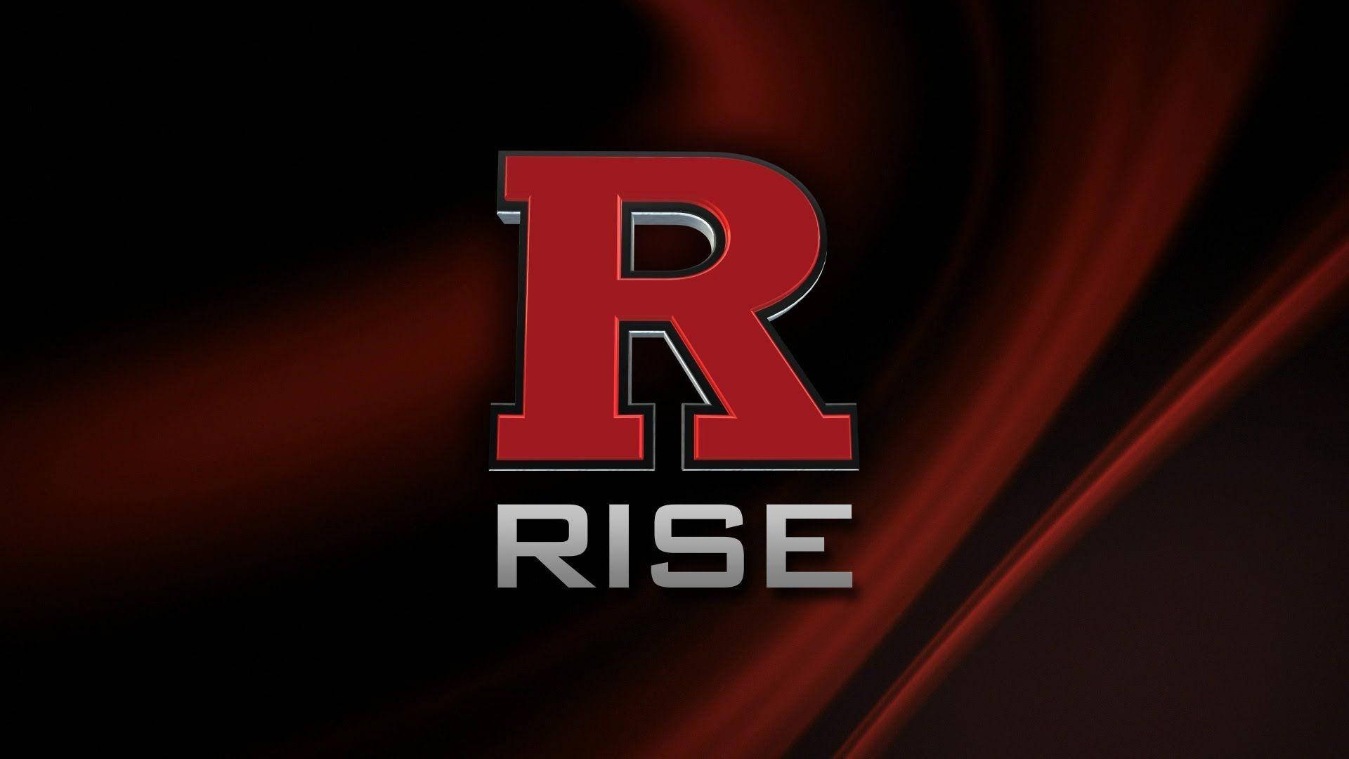 羅格斯大學RISE大樓壯麗景觀 壁紙 — 大膽的紅色風格化R和金屬銀色的單詞RISE，背景是流動的深紅色布料。