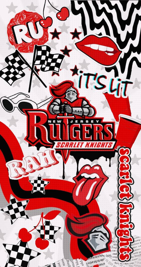 羅格斯風格手機壁紙拼貼 壁紙 — 充滿活力的紅白黑拼貼畫， featuring Rutgers Scarlet Knights 標誌、格子旗、嘴唇和櫻桃，背景是星空。