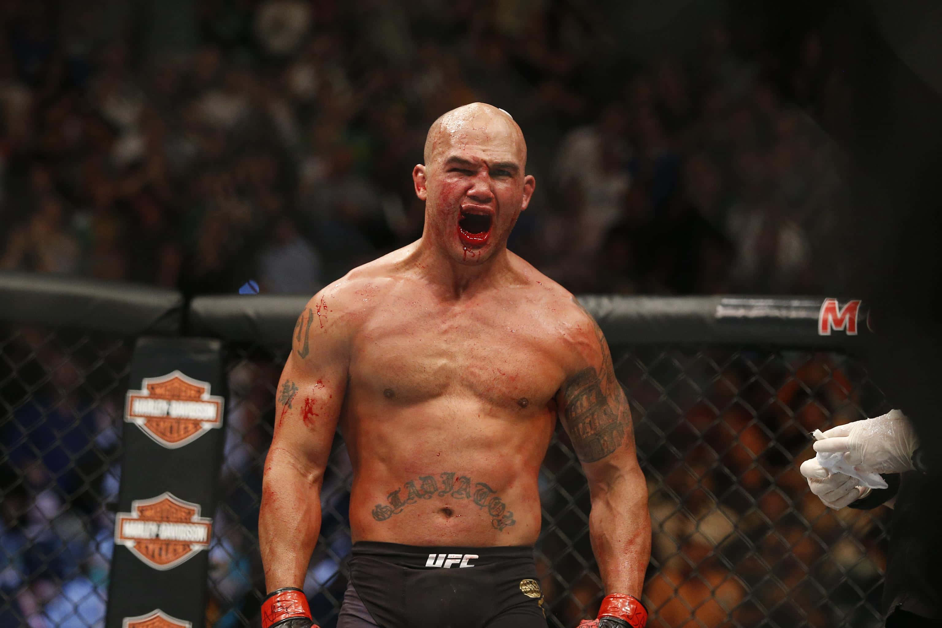 羅比·勞勒在UFC 189賽事中慶祝勝利 壁紙 — 一名血跡斑斑的MMA拳手在八角籠內勝利咆哮，身後是模糊的人群。