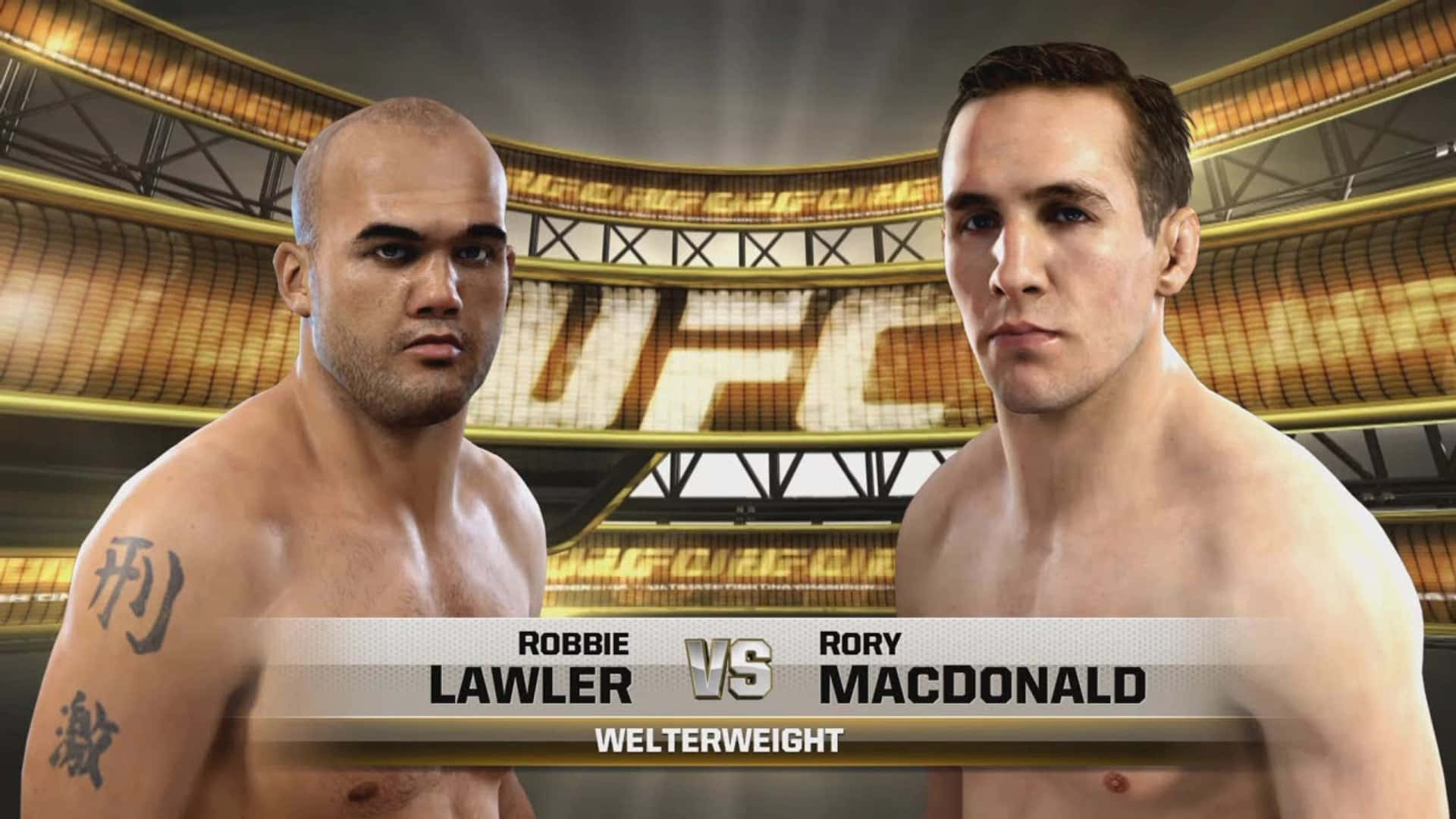 羅比·勞勒與羅里·麥克唐納的3D概念圖 壁紙 — 兩位UFC拳手Robbie Lawler和Rory MacDonald在次中量級對戰海報中互相凝視。