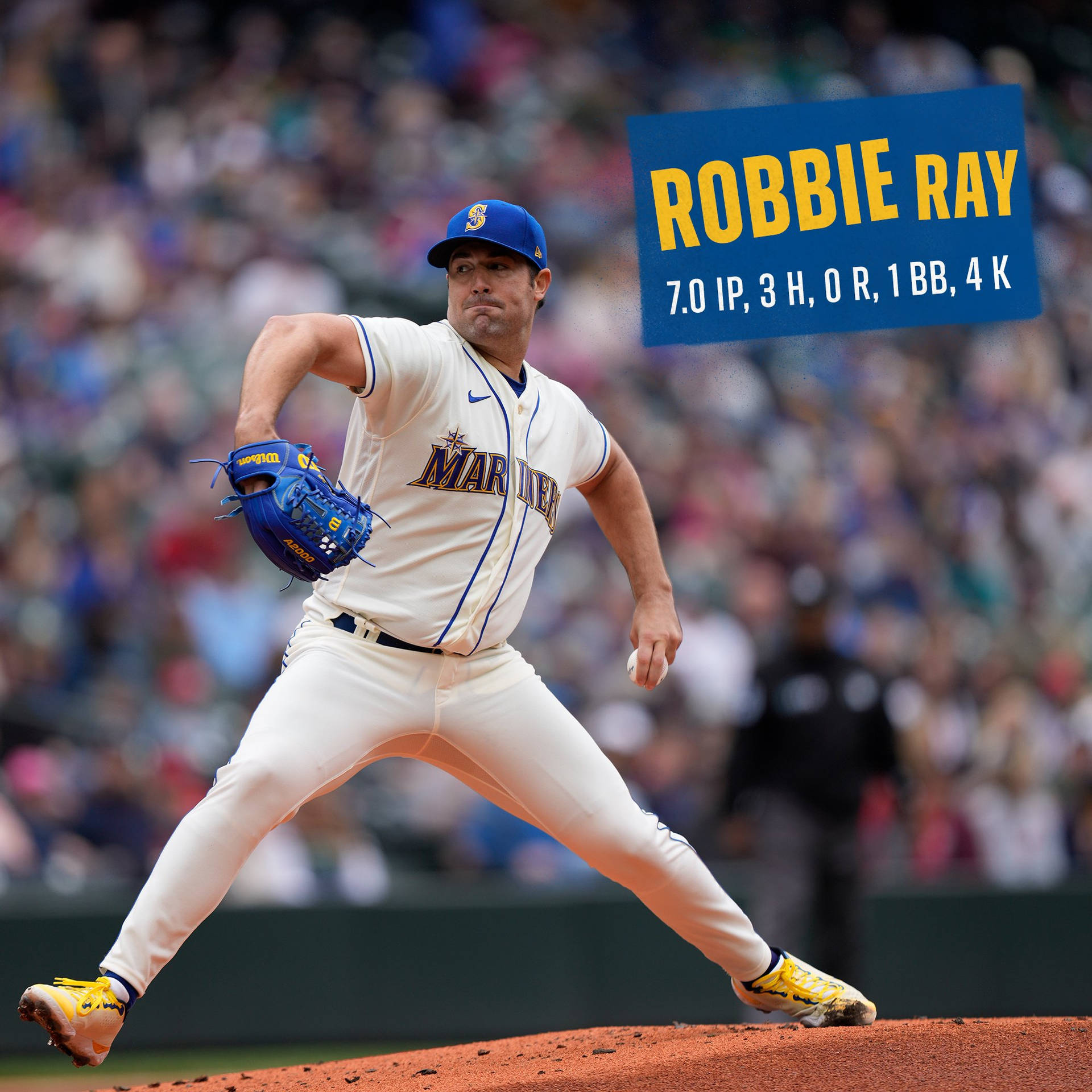 羅比·雷即將投球 壁紙 — 棒球投手Robbie Ray在投手丘上投球中，帶有統計數據覆蓋層，背景為模糊的球場人群。
