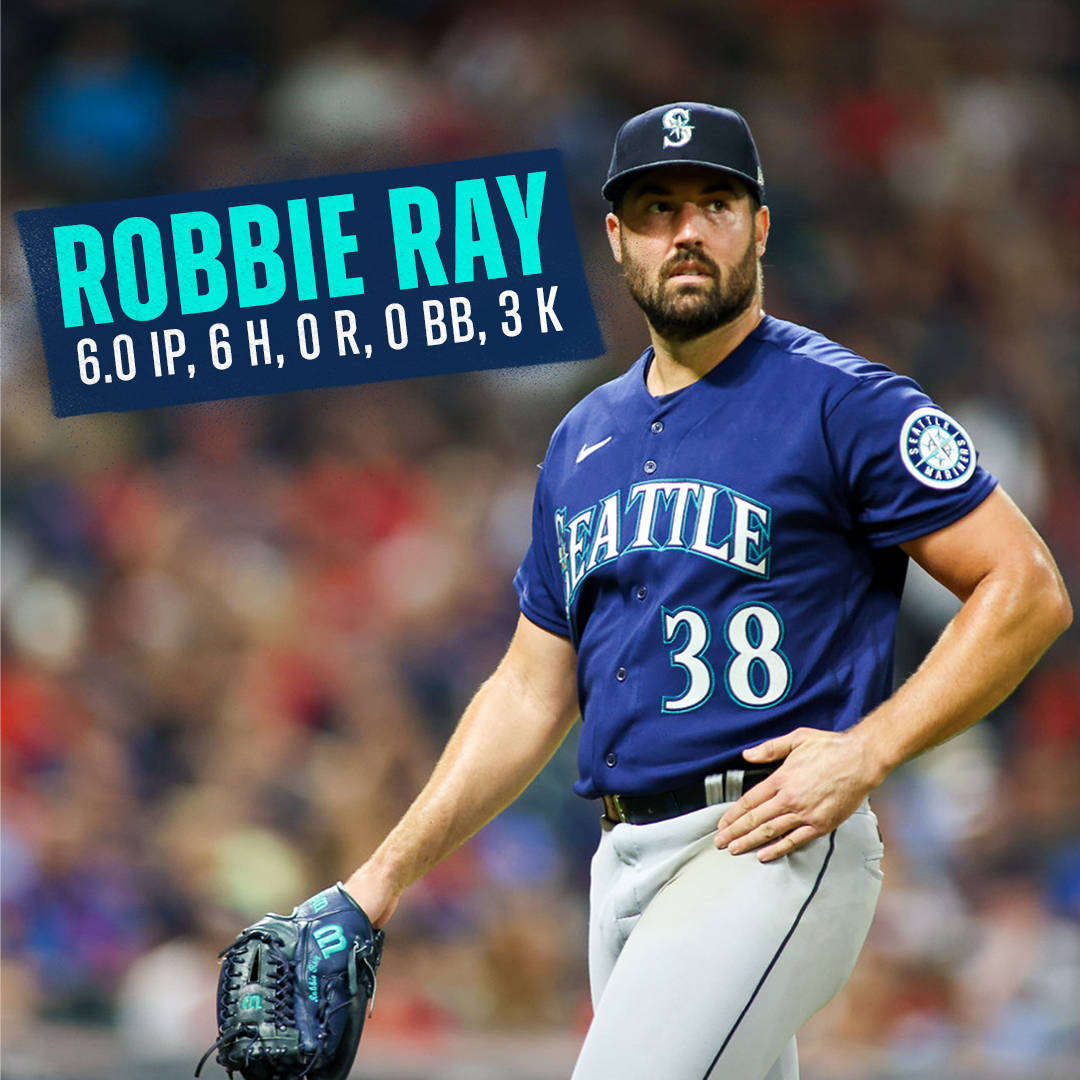 棒球投手Robbie Ray身穿西雅圖水手隊制服，戴著手套，附有比賽數據。
