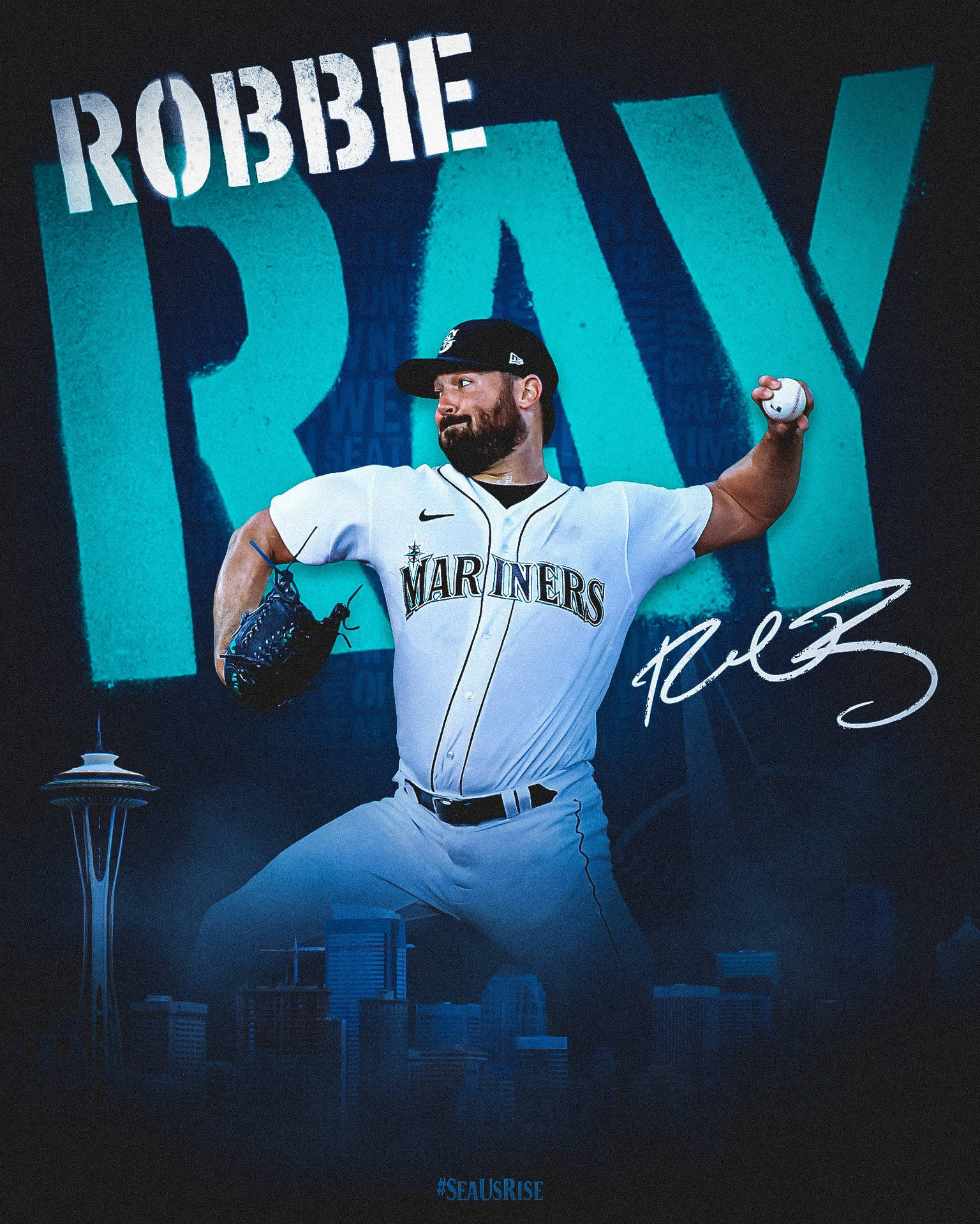 Robbie Ray身穿水手隊球衣投球，身後是西雅圖天際線。