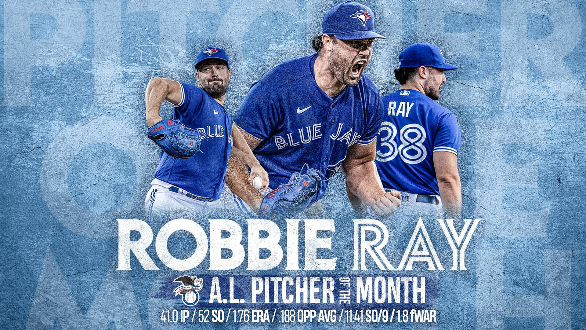 藍鳥隊棒球運動員以「A.L. Pitcher of the Month」Robbie Ray 的身份慶祝。