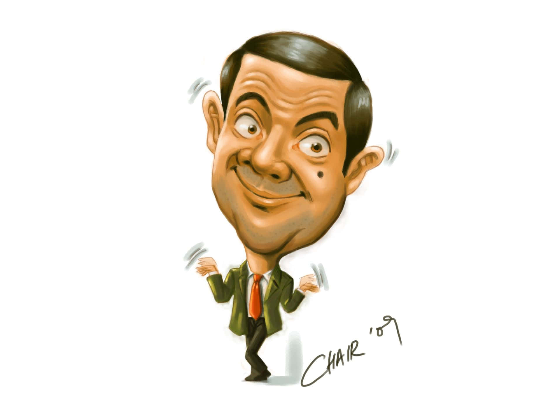 Mr. Bean 的漫畫，身穿綠色西裝和橙色領帶，頑皮地微笑。 — 跳舞 壁紙