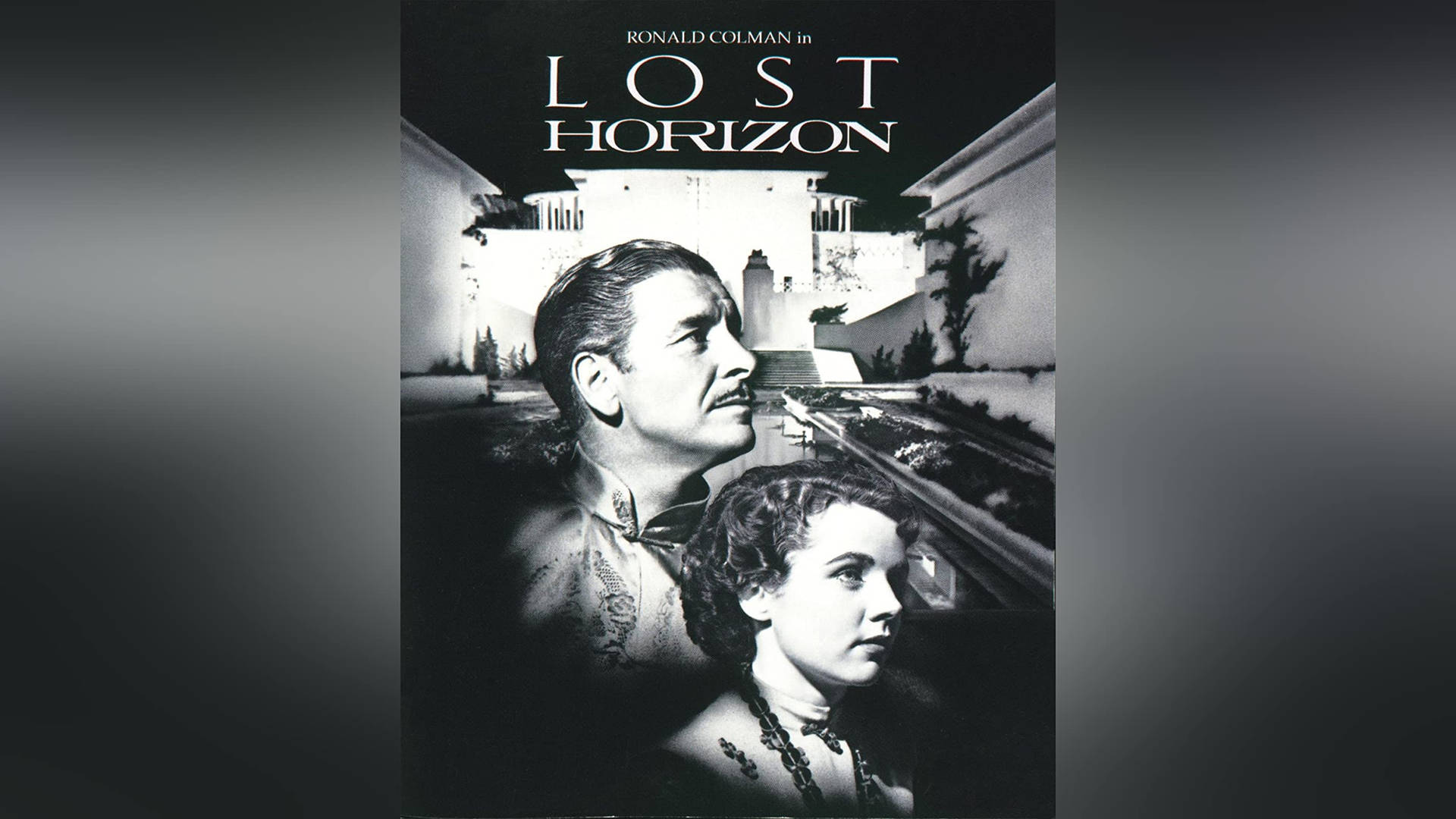 《消失的地平線》黑白復古電影海報， featuring 演員 Ronald Colman 和一名女子。