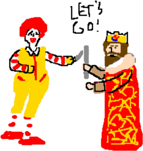 羅納德與漢堡王吉祥物對決 壁紙 — Ronald McDonald 同一個戴住皇冠、著住紅色長袍嘅國王握手，佢哋上面有「LET'S GO!」字樣。