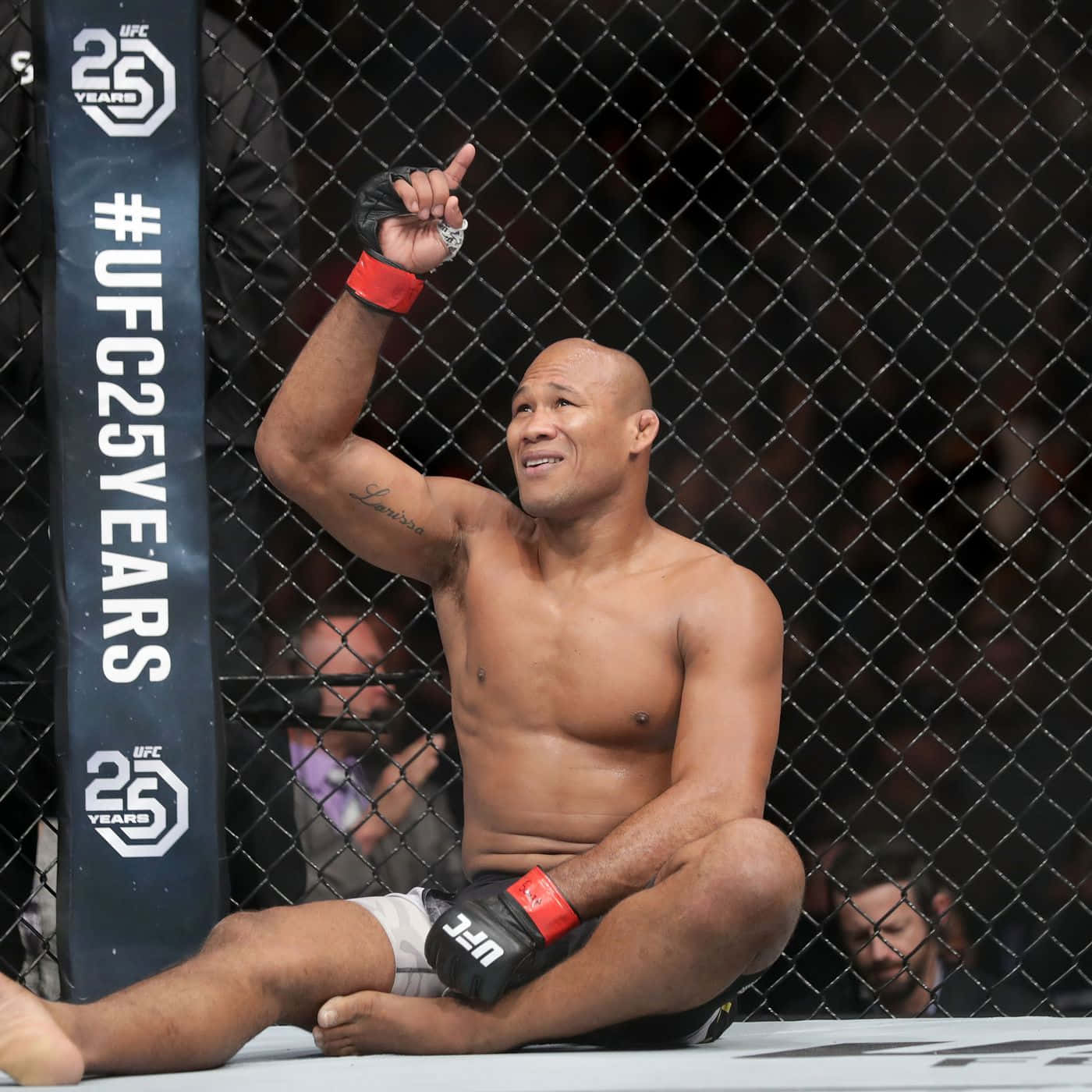 羅納爾多·蘇扎在八角籠內指向上方 壁紙 — 一位勝利的UFC拳手坐在八角籠內，比賽後舉起戴著手套的拳頭慶祝勝利。