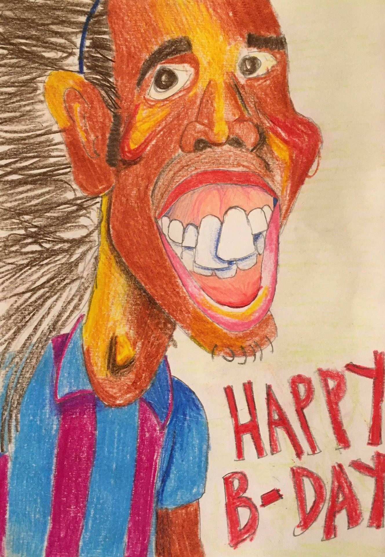 一幅色彩繽紛的蠟筆畫，畫中一個微笑的男人，帶有「HAPPY B-DAY」文字。
