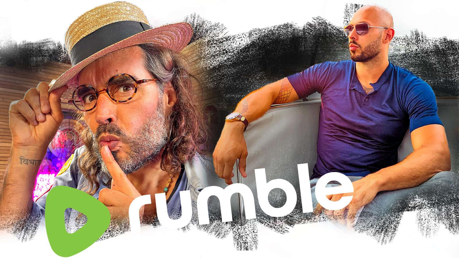 兩個男人在風格化的圖形設計中與 Rumble 標誌一起擺姿勢。