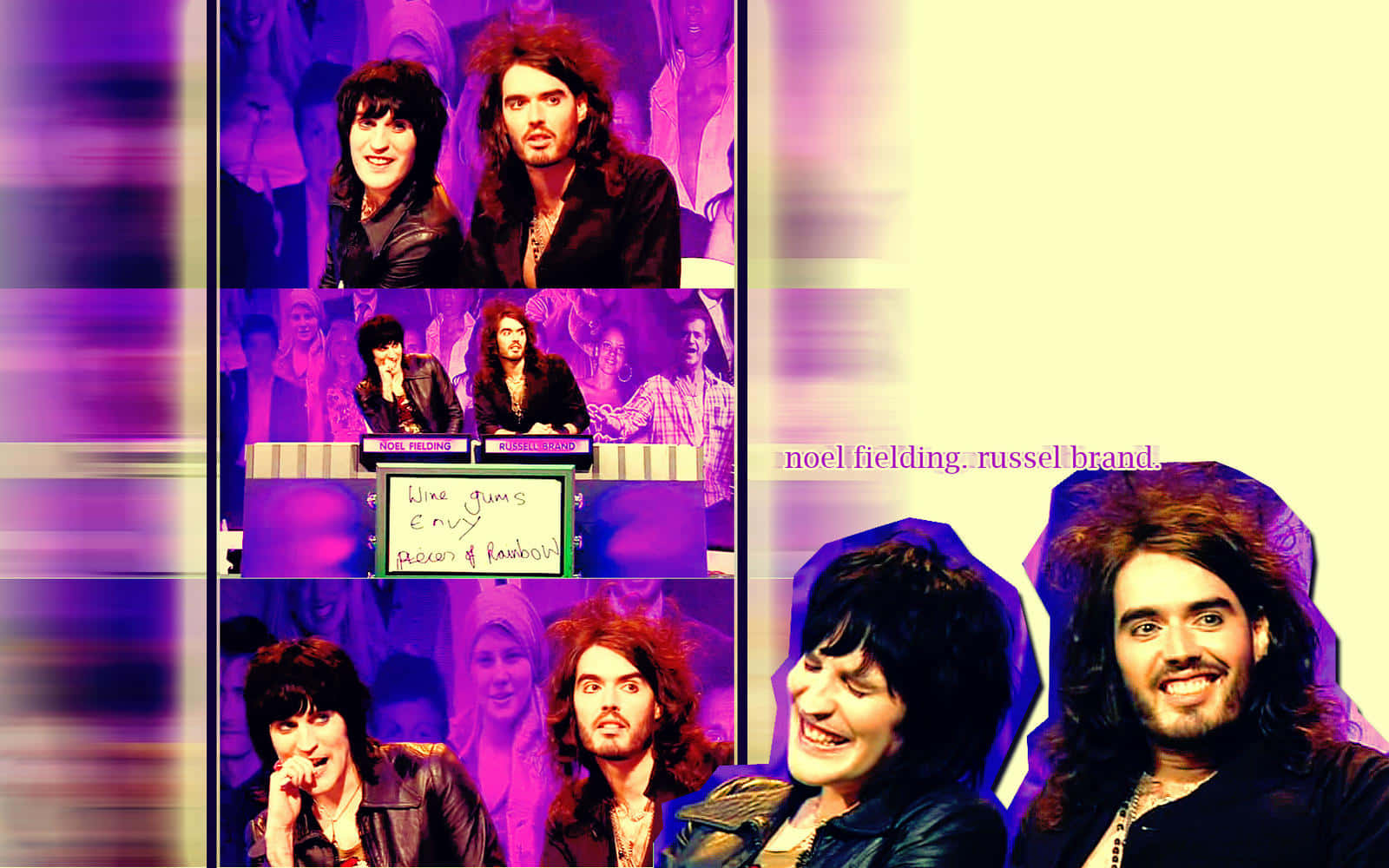 Noel Fielding 和 Russell Brand 在喜劇短劇中的拼貼畫，帶有紫色燈光和文字。