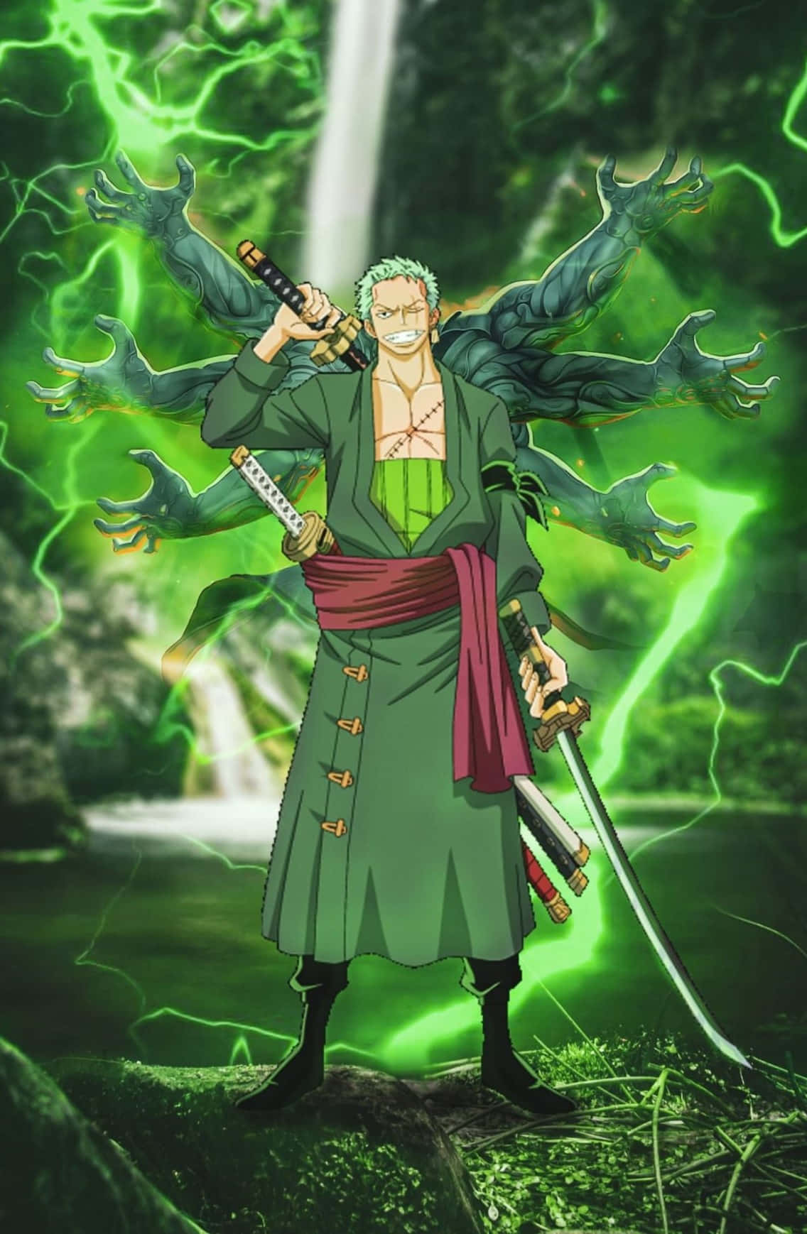 羅羅亞·索隆全身照 壁紙 — 一位綠色頭髮的動漫戰士站在森林中，揮舞著帶有發光綠色能量的劍，多個陰影般的手臂伸出。